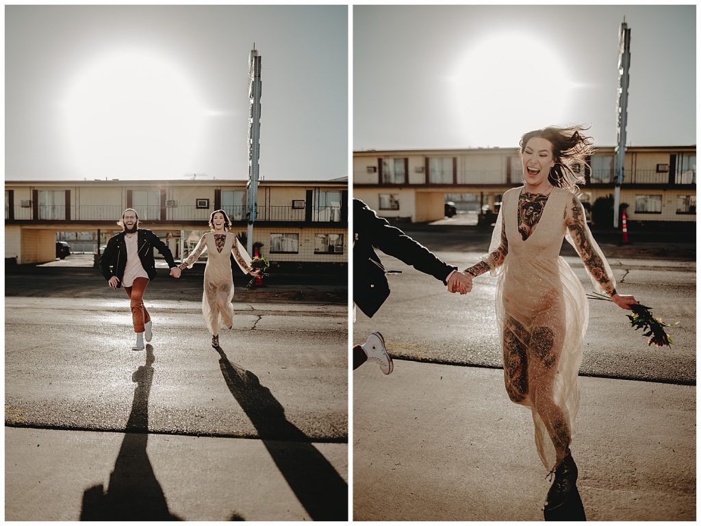 couple running in street