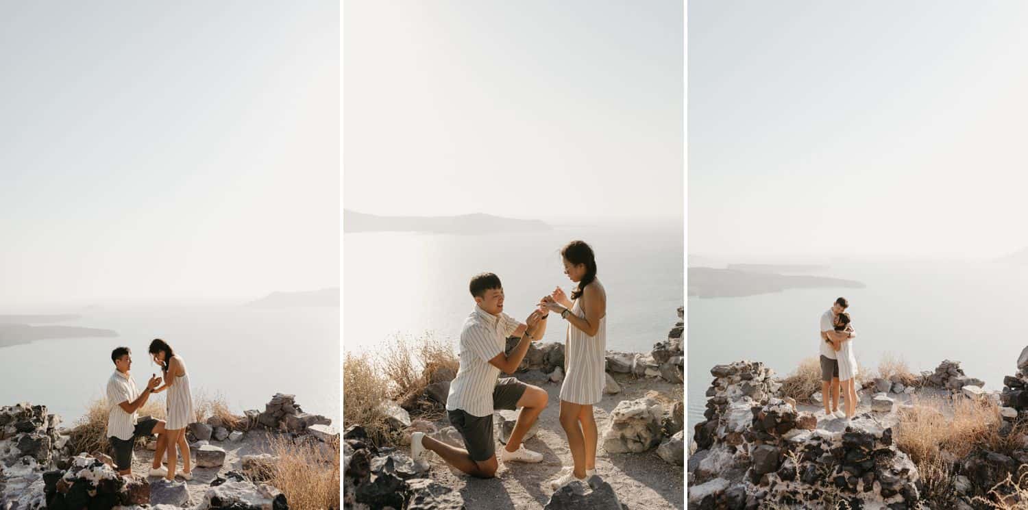 A couple gets engaged on a cliff overlooking the sea in Greece