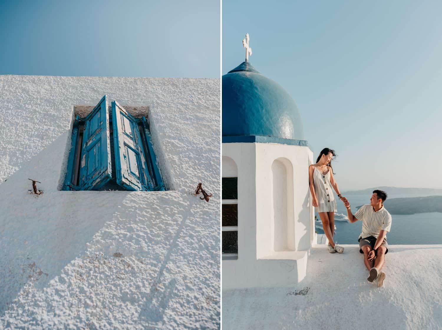 A couple holds hands on a rooftop overlooking the sea in Greece