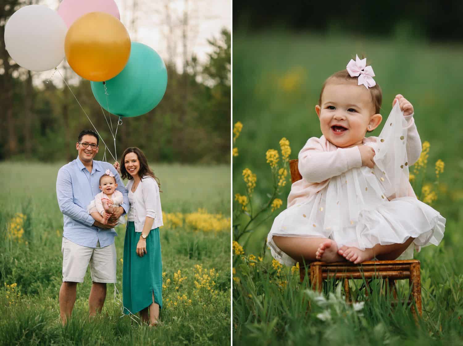 A family with a toddler daughter poses with a bunch of oversized balloons