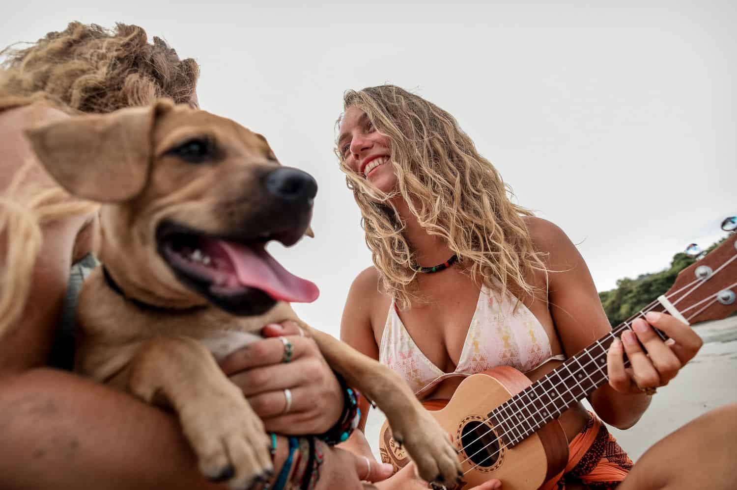 A couple on the beach together with their dog