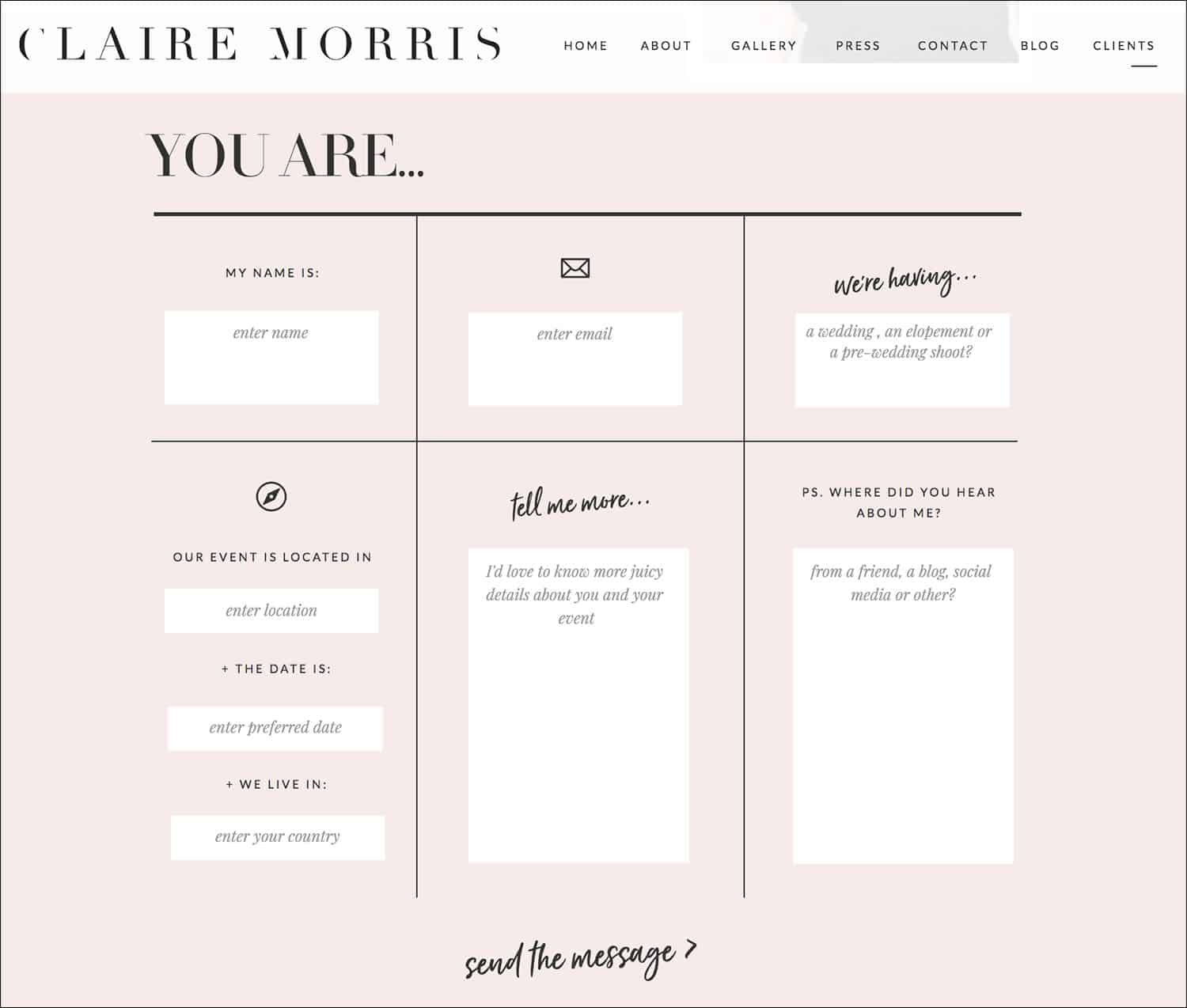 How To Make A Photography Website Your Dream Clients Can’t Resist: Claire Morris' contact form is a genius example of brand intermingling with a clear call to action.