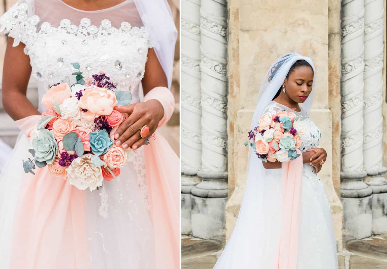 Tips for an Easy, Affordable Styled Shoot (bride holding colorful bouquet against rustic backdrop)