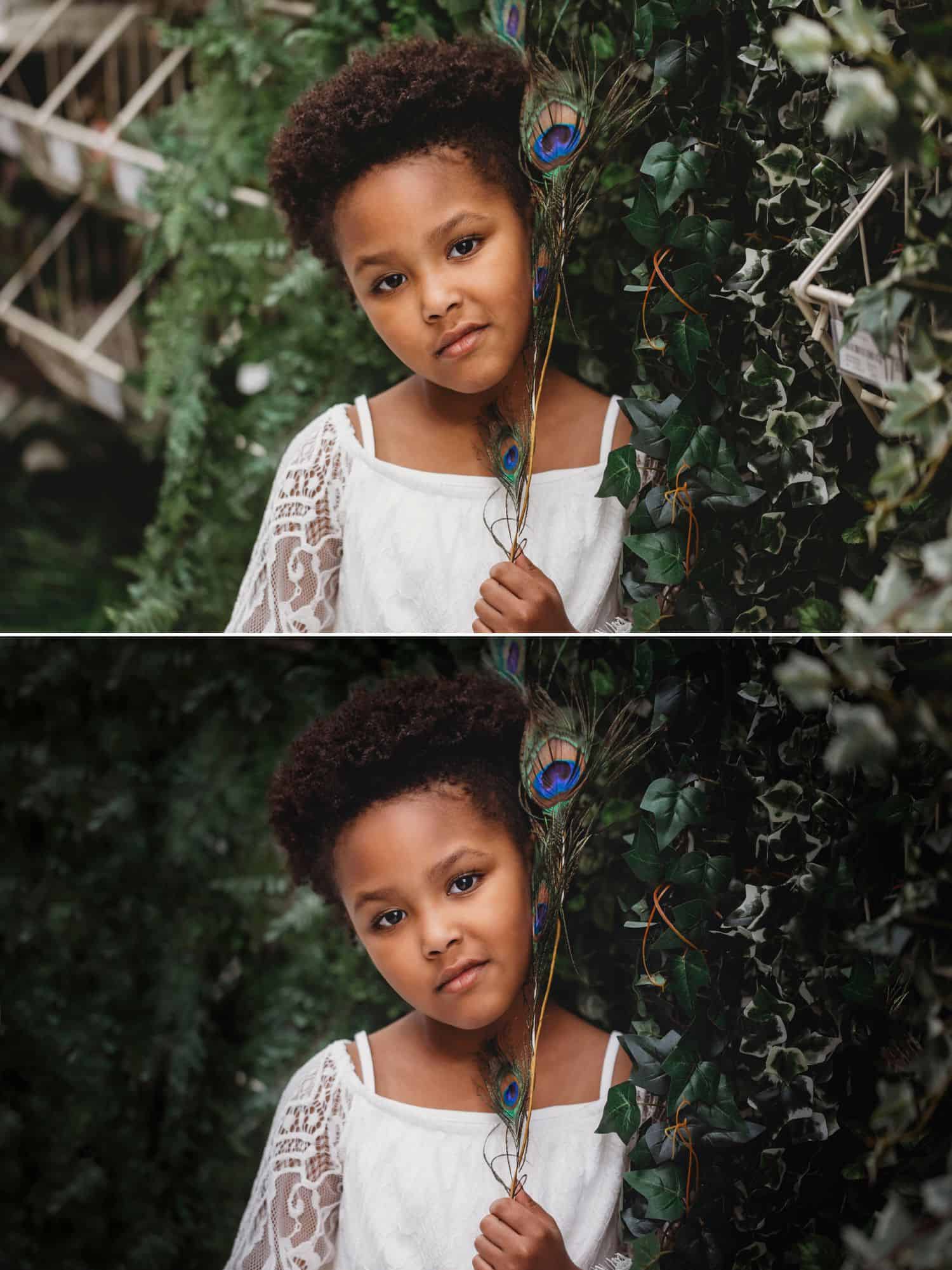 Before-and-after portrait photography of little girl on flower aisle at Michael's Craft Store.