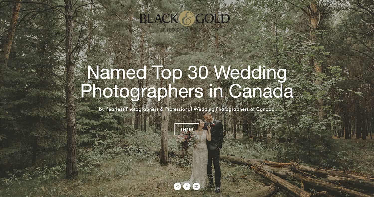 The homepage of Black & Gold Photography's website displays a portrait of a wedding couple in a forest. A text overlay says, "Name Top 30 Wedding Photographers in Canada."