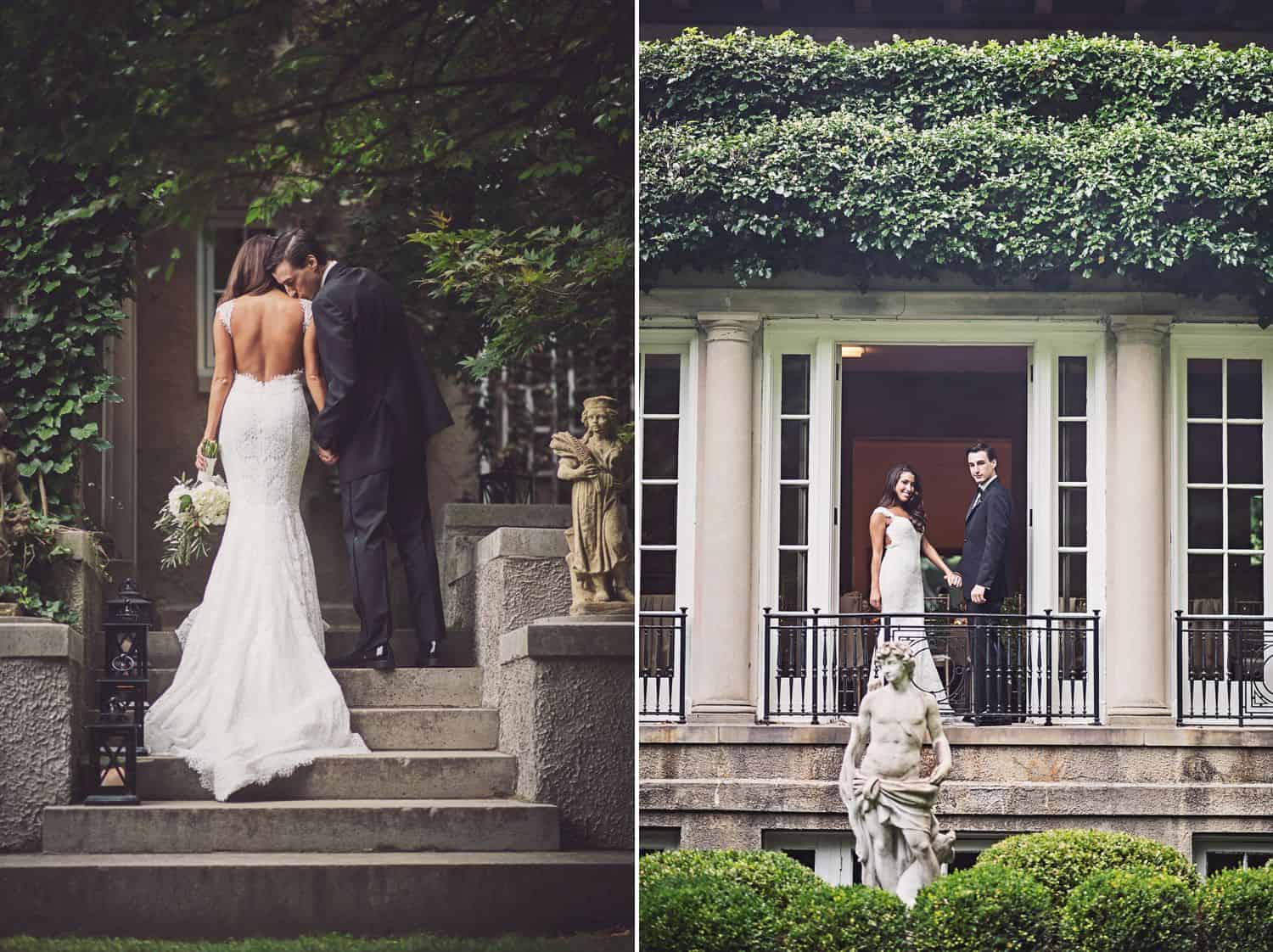 Bride and groom walk upstairs and pose on balcony. By Harris & Co.