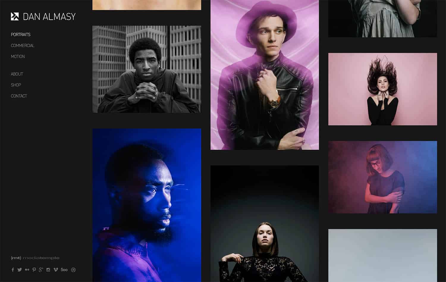 The Portraits portfolio on Dan Almasy's website is featured here. Six studio portraits are featured against a dark gray background along with Dan Almasy's logo.