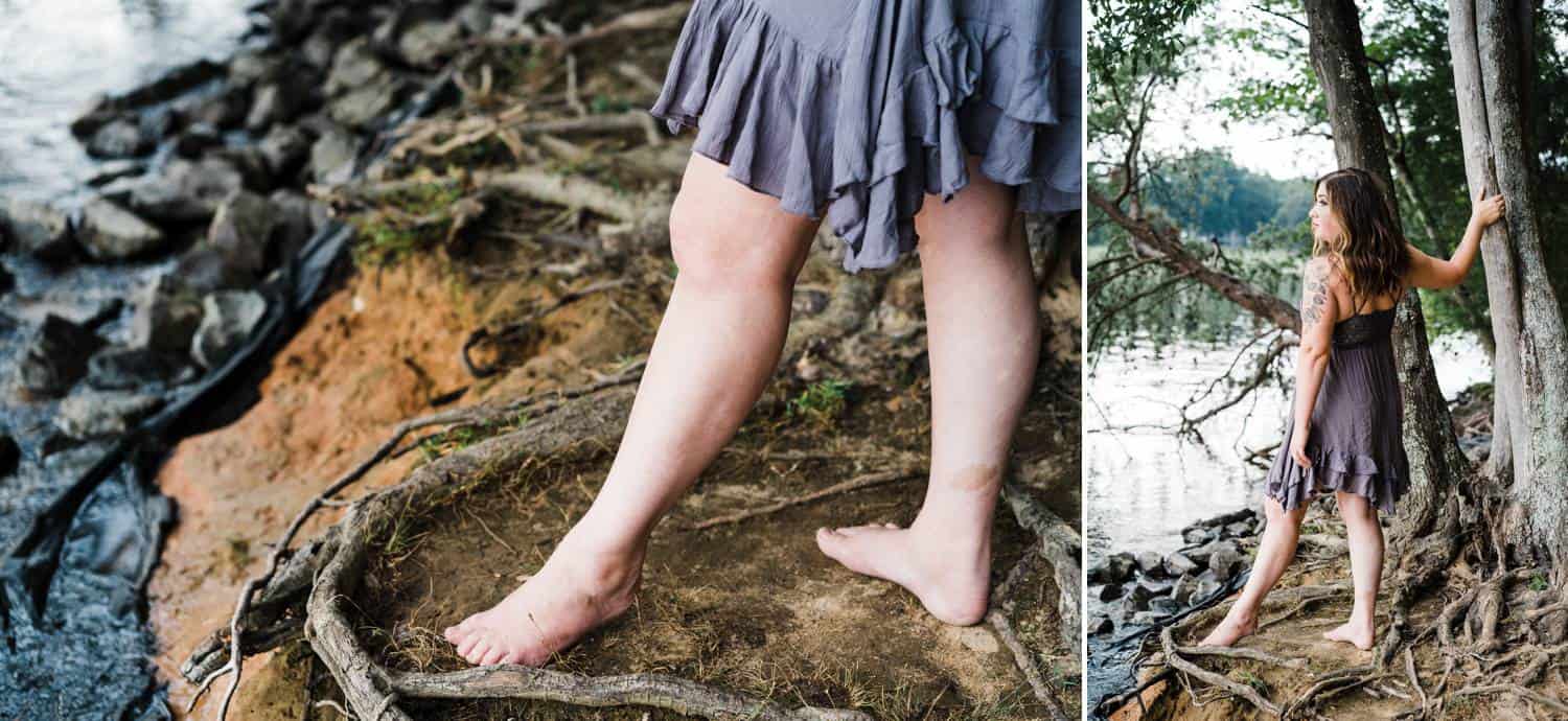 Two photos depict a woman in a short lavender dress as she stands by a creek.