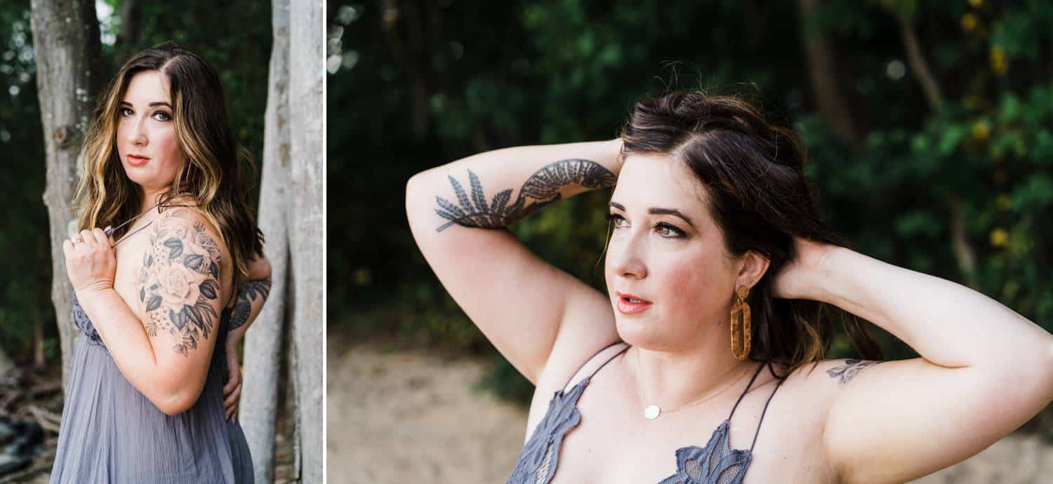 A woman in a purple nightie poses beside a creek for an outdoor boudoir session.