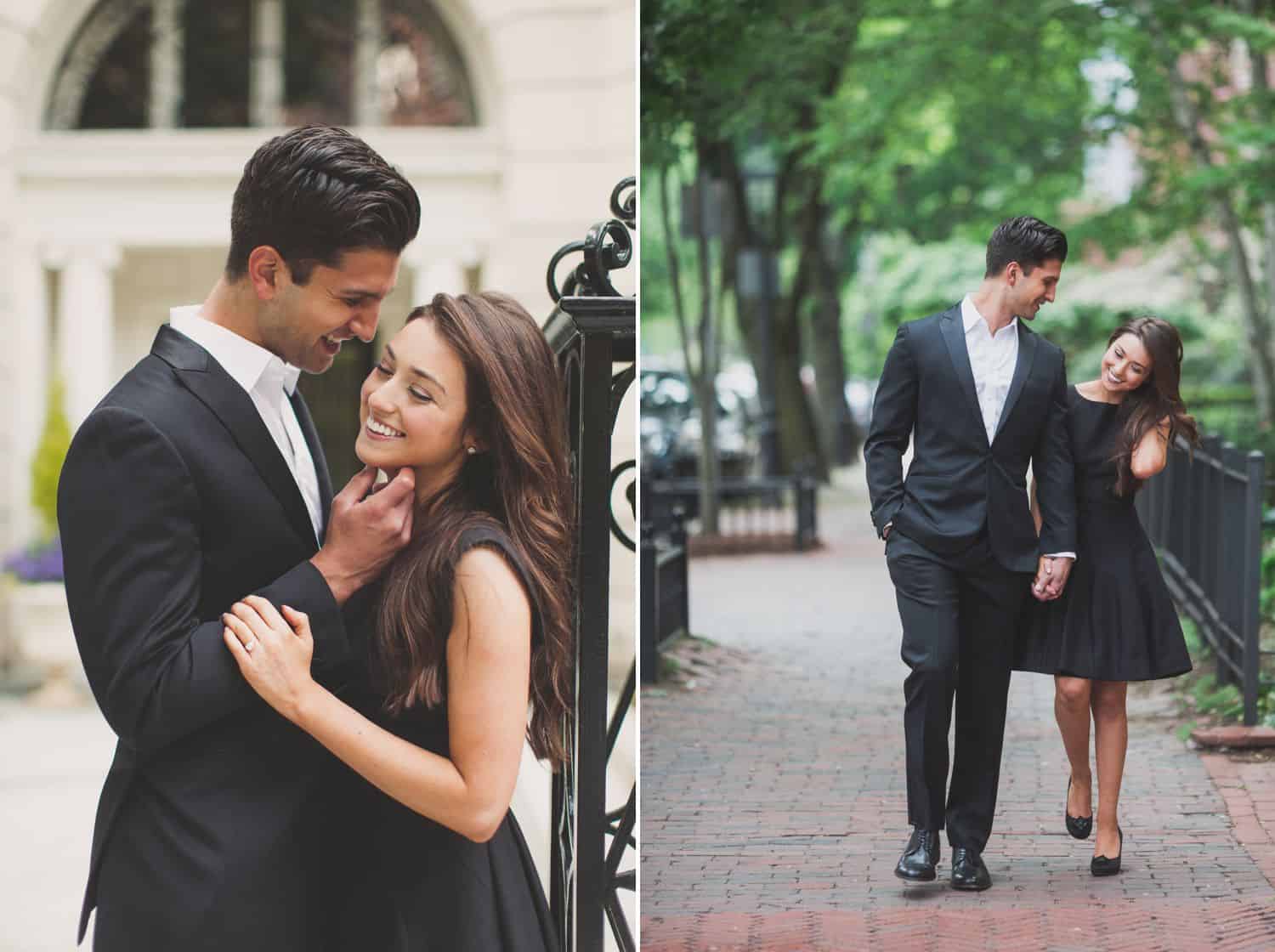 Engaged couple embracing and walking through Central Park. By Harris & Co.