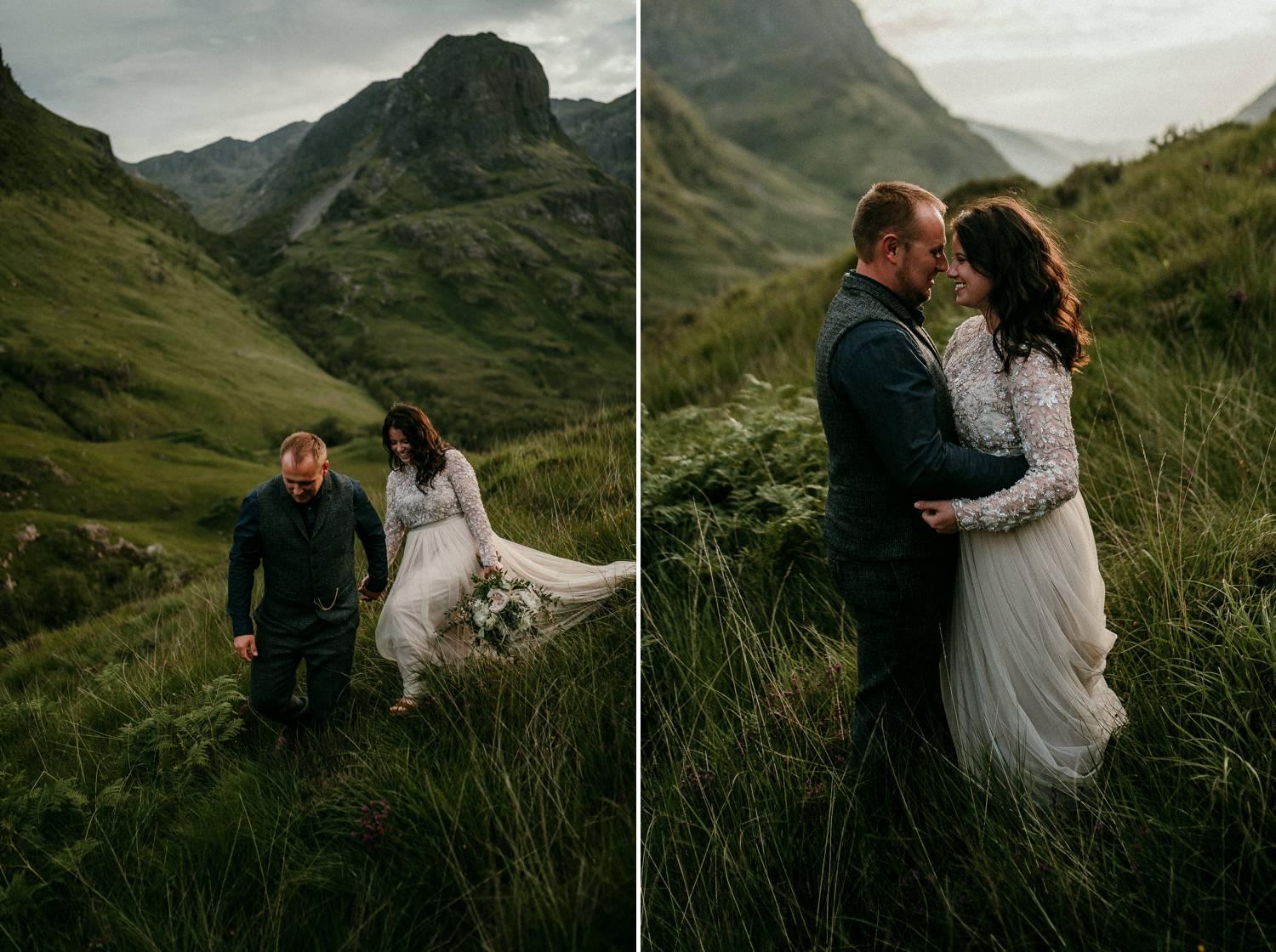 A bride and groom slowly make their way through the tall grasses in the Irish hills. Photographed by Rob Dight.