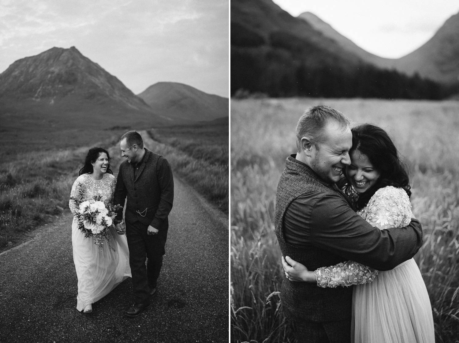 A black and white series shows a bride and groom strolling down an old country road in Ireland then embracing in the grassy hills. Elopement photograph by Rob Dight.