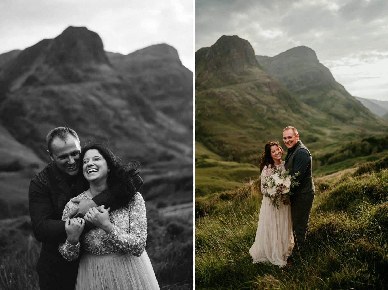 A bride and groom are photographed smiling and embracing amid the foggy hills of Ireland. Photographed by Rob Dight.