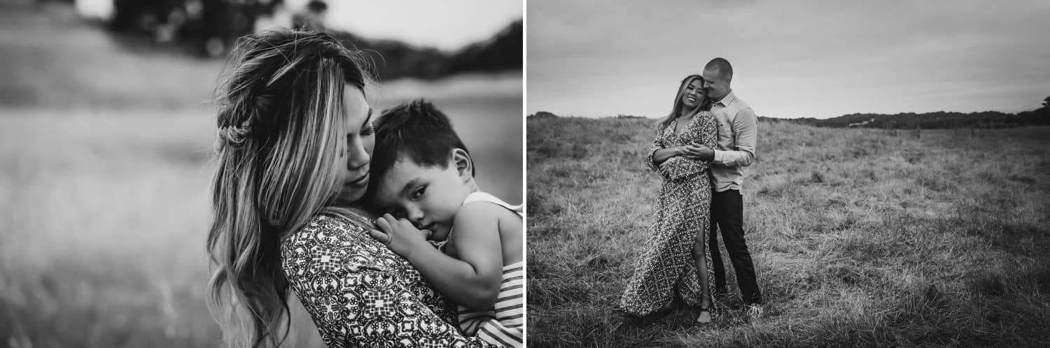 In this diptych, a black and white image shows a mother carrying her son through a field. In the next image, the mother stand with her back to the father whose arms are around her.