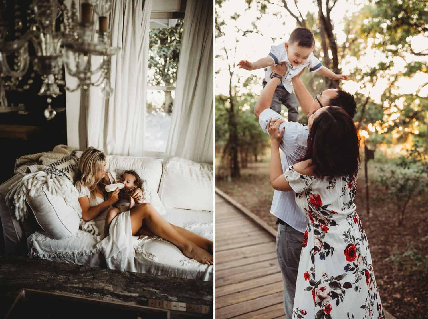 In this diptych, a mother bottle feeds her baby while reclining on a white couch beneath a chandelier. In the next photo, two parents hold their young sun up in the air while standing on a forest boardwalk.