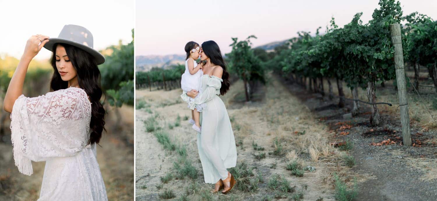 In this diptych, a woman in a white lace dress poses with a fedora on her head. In the next photo, a mother in a flowing dress holds her toddler daughter in a vineyard.