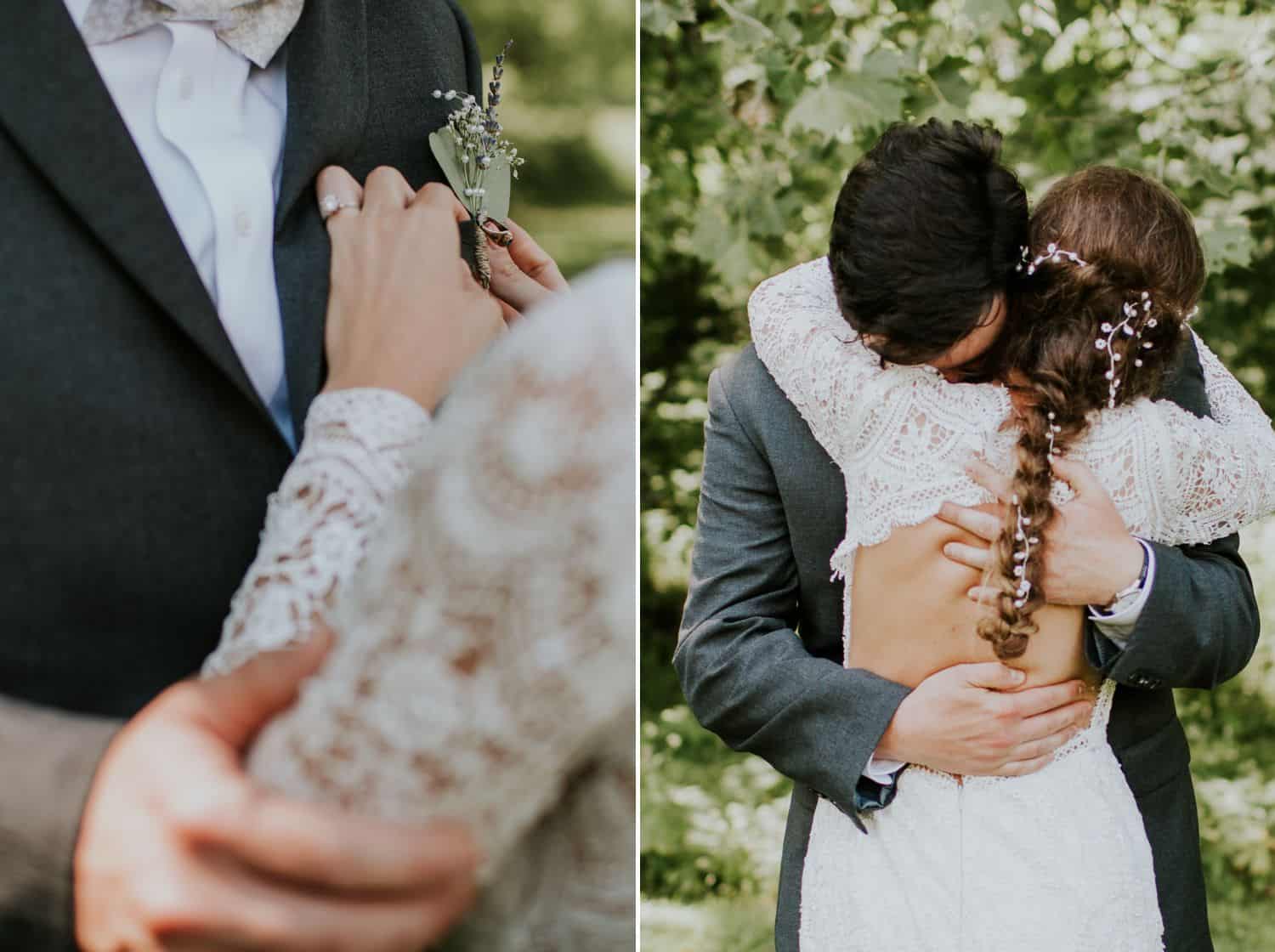 A bride and groom hug during their outdoor first look.