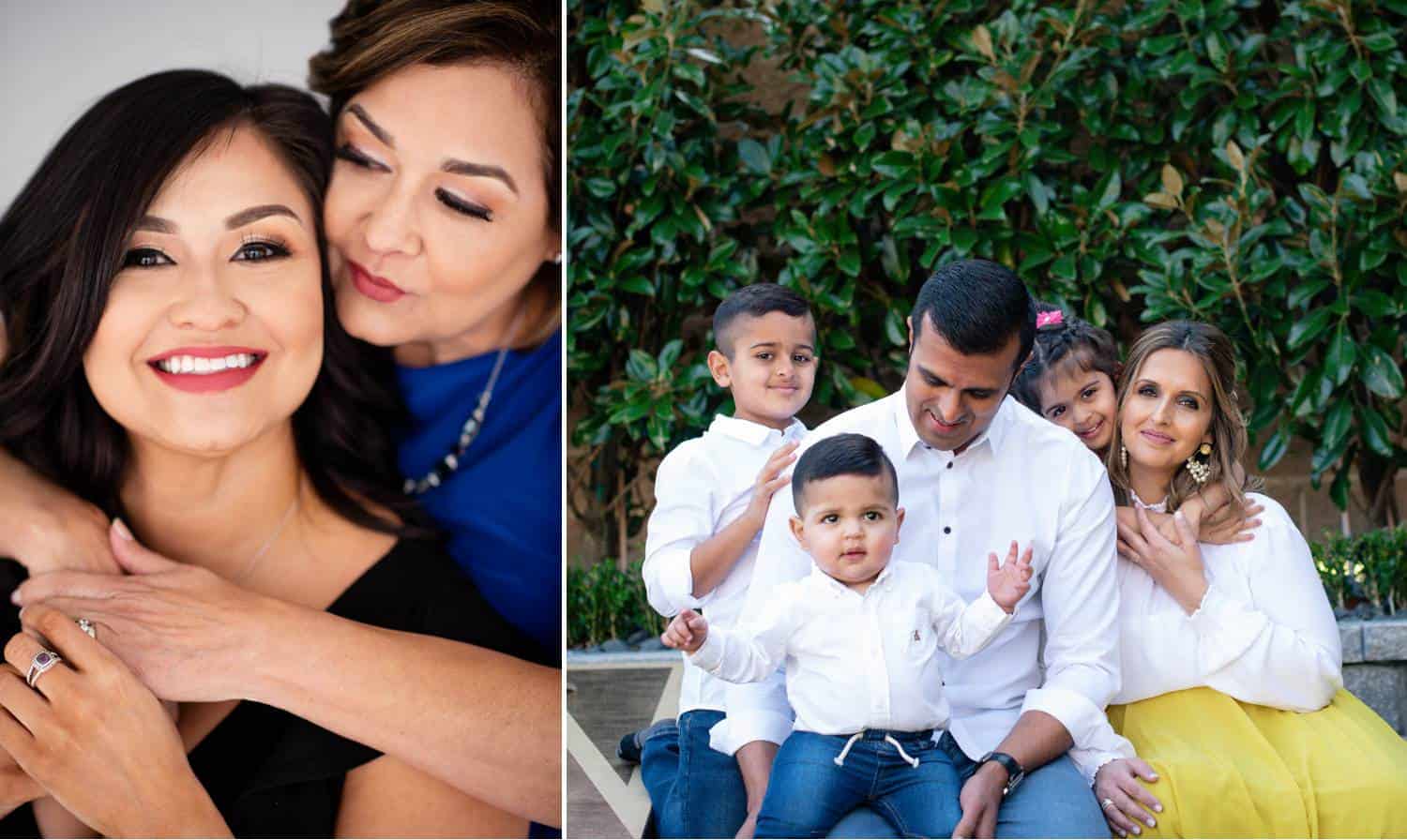 On the left, a close-up photo depicts two women. In the front, a woman in a black dress smiles at the camera. Slightly behind and above her, another woman in a deep blue dress has her arms wrapped around the woman in black. In the second photo, a family poses together for a seated portrait in front of a row of green hedges.