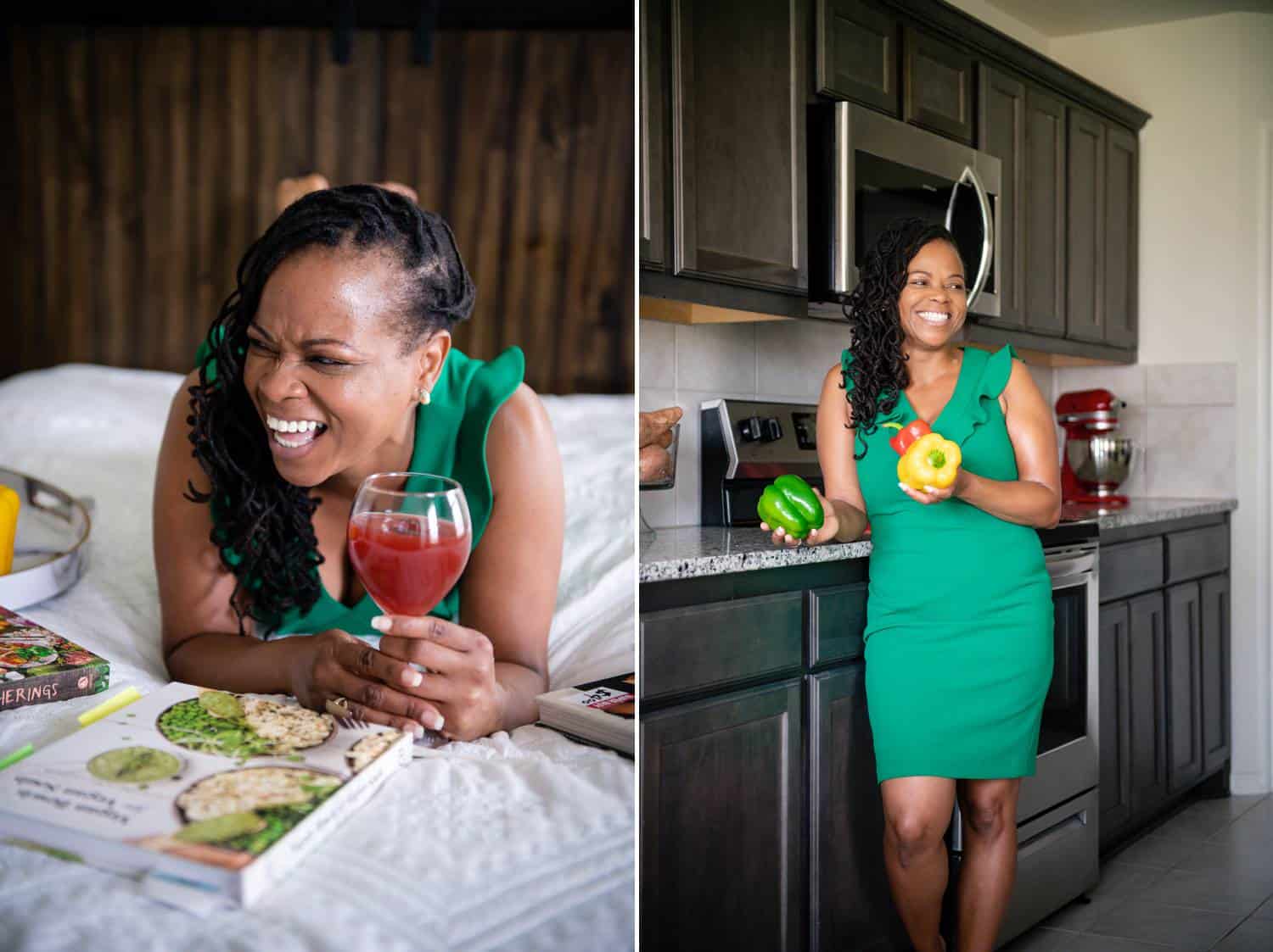 Two side-by-side photos depict a Black woman in a sleeveless, emerald green minidress. On the left, the woman lies on her stomach on a white bed holding a wine glass that contains a deep red fruit drink. She is laughing and looking through a magazine. On the right, th esame woman stands in a modern kitchen holding fresh peppers.