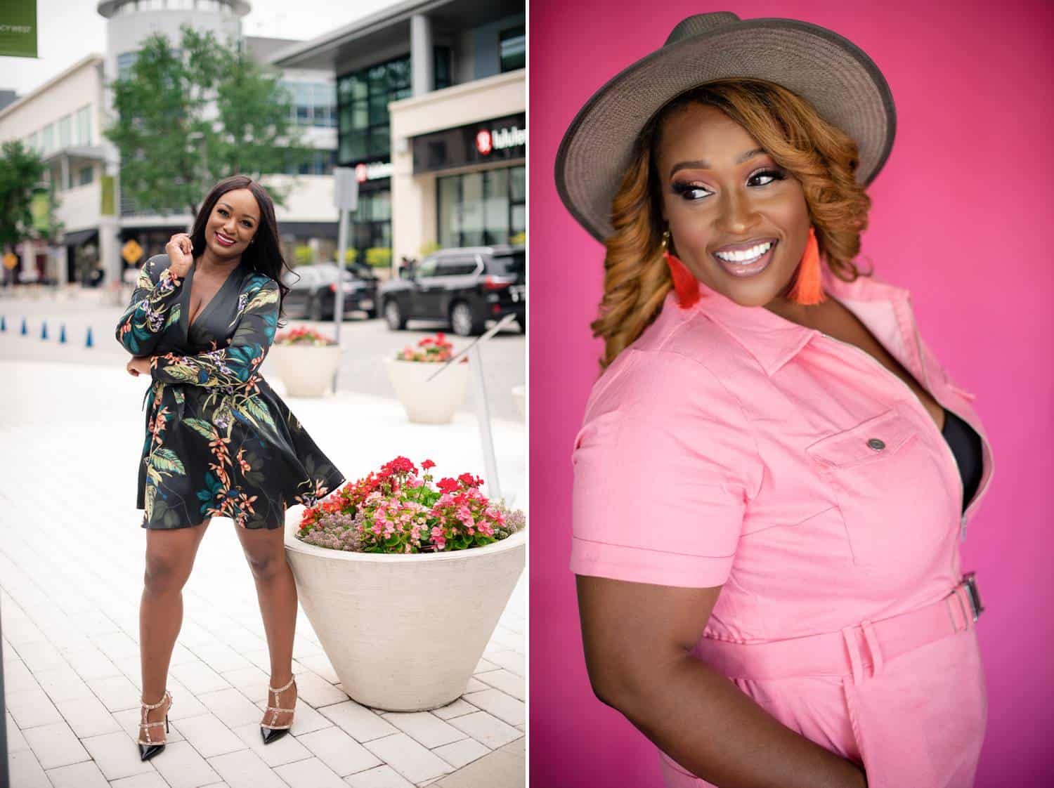 Two side-by-side photos depict professional Black women posing for their branding photos. On the left, a woman poses beside a large planter wearing a floral minidress. On the right, a woman with dark blonde hair and a gray hat poses before a hot pink studio backdrop wearing a bright pink shirt.