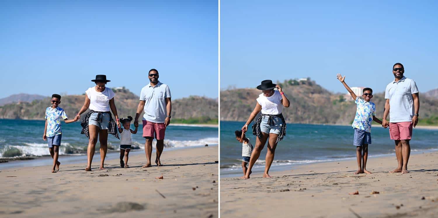 Two side-by-side portraits depict the same family strolling hand-in-hand on a sunny beach beside a deep blue ocean.