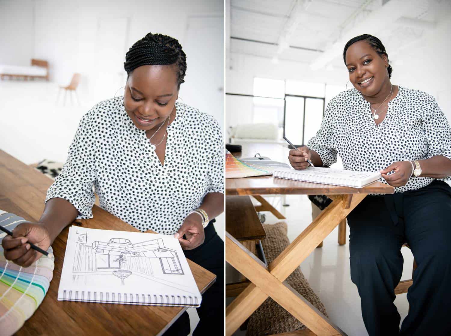 A Black artist sits in a white, window-lit room creating a sketch on a thick pad of artist's paper.