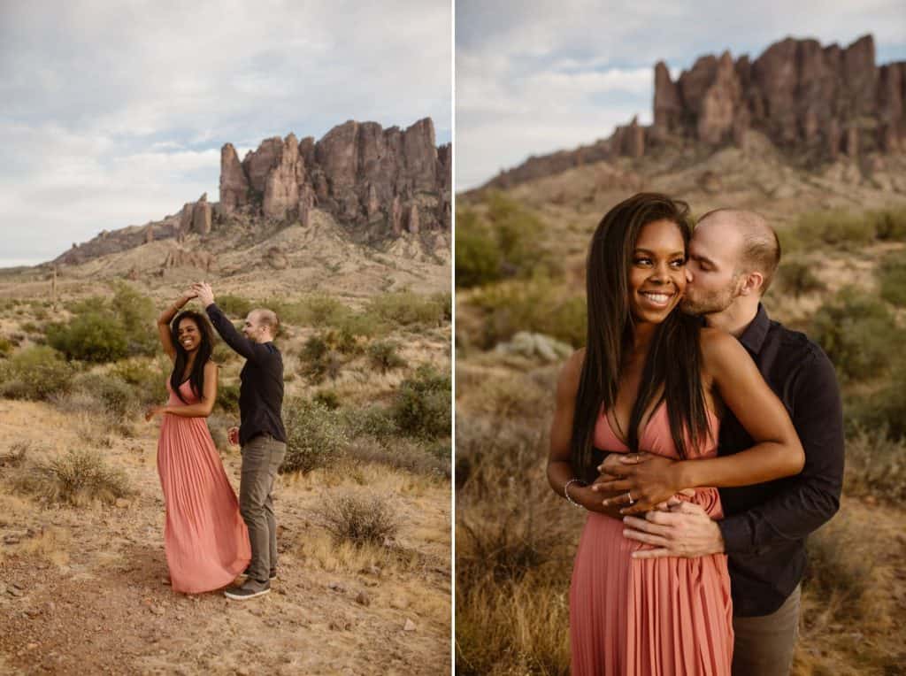 An engaged couple holds each other close during their desert engagement session