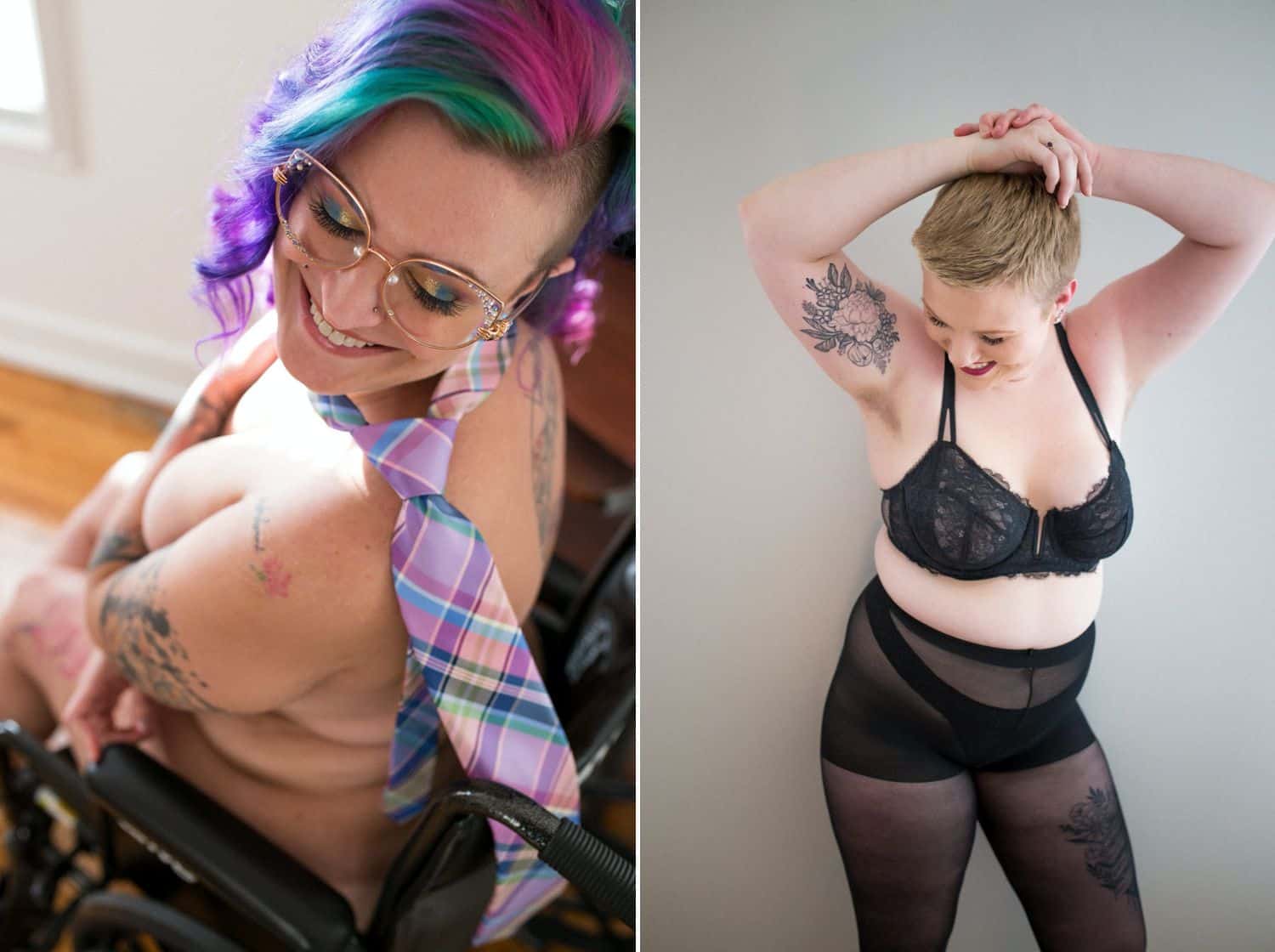 On the left, a boudoir client with rainbow hair and glasses looks over their should smiling. A plaid tie is draped across their back. On the right, a person dressed in black lingerie leans against a white wall while pulling back their hair. Both images are made by Kinzie Ferguson, the Empowerment Photographer