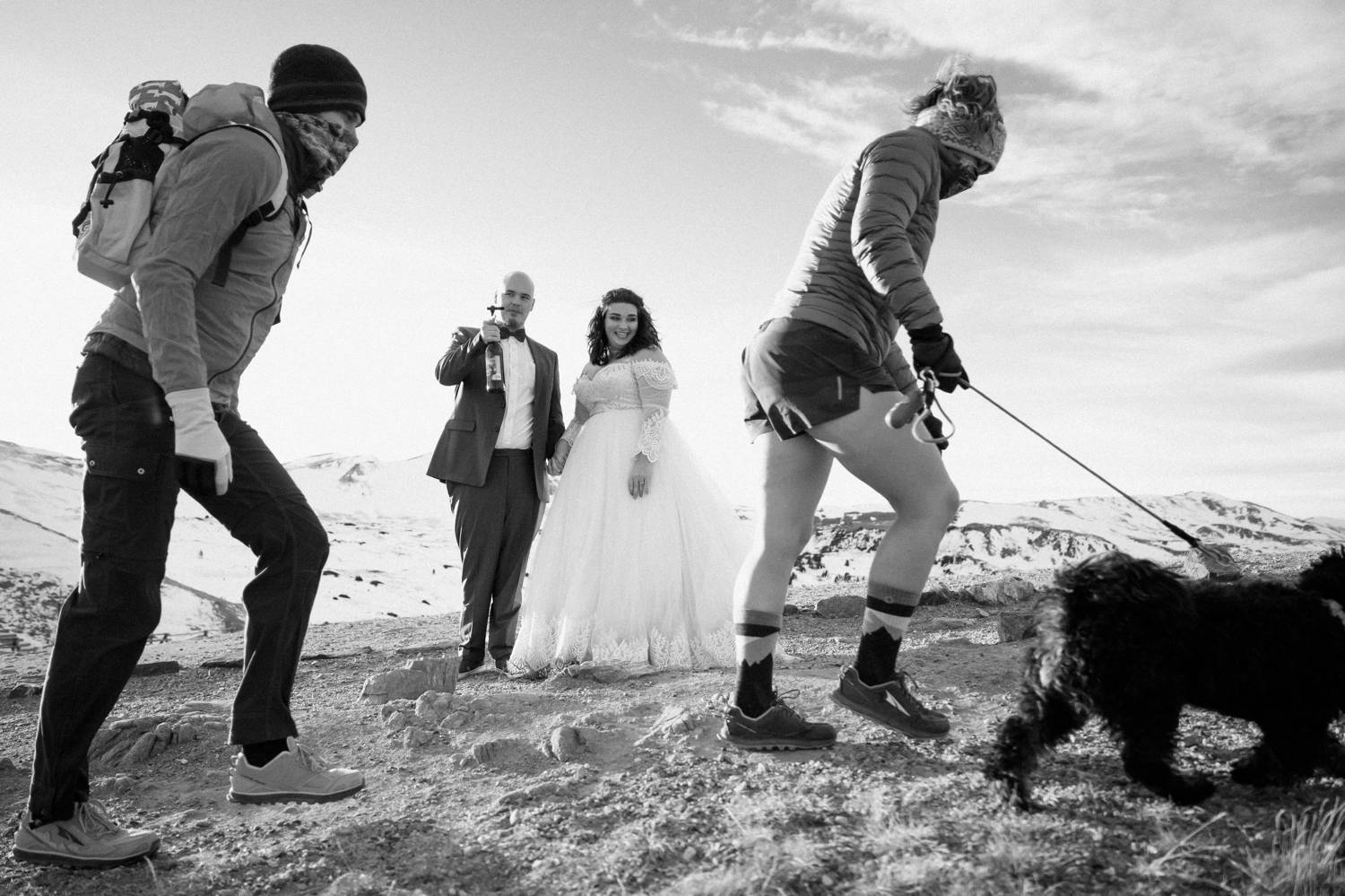 Customer Loyalty: By Nick Sparks, a bride and groom stand back as hikers climb past them with their dog leading the way.