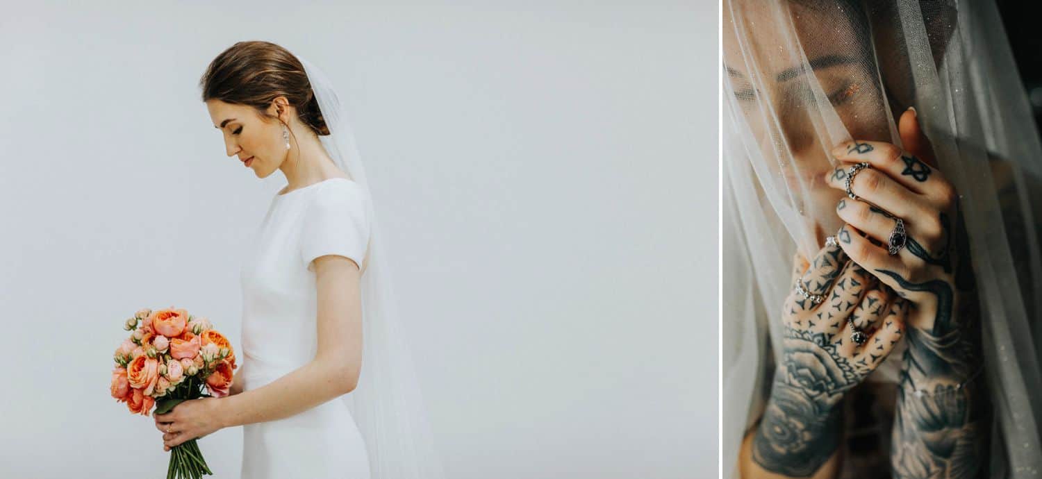 How To Make A Photography Website Your Dream Clients Can’t Resist: A bride stands in profile before a simple white wall. A bride's tattooed hands are photographed against her veiled face.