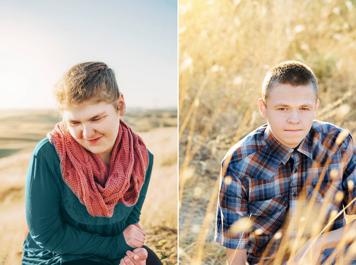 This diptych shows portraits of two high schoolers with special needs. In one, a girl looks down and to the side, her creamy skin highlighted by a setting sun in a beautiful wide field. In the other, a handsome young man makes eye contact with the camera while sitting comfortably on the ground in a wheat field.