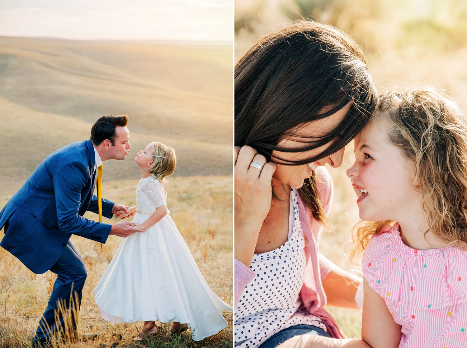 A dad plays wedding with his little girl, who is dressed as a bride. A mom bumps foreheads with her young daughter.