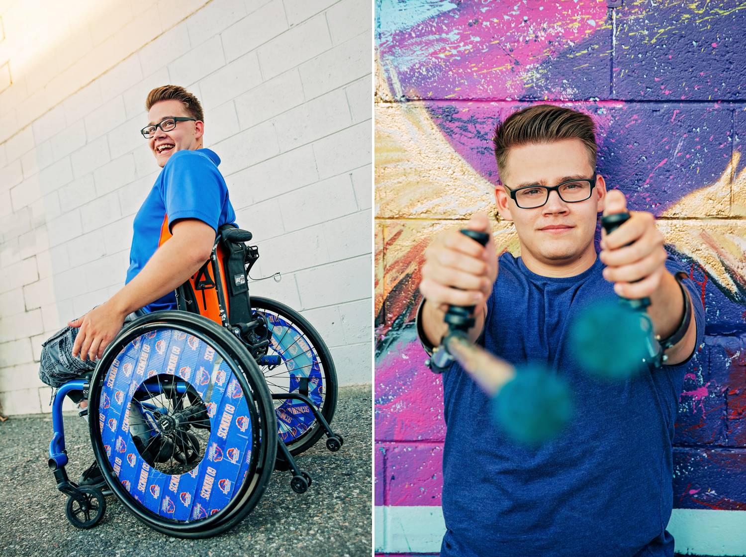 A young man laughs and goofs around while getting photographed in his colorful wheelchair.