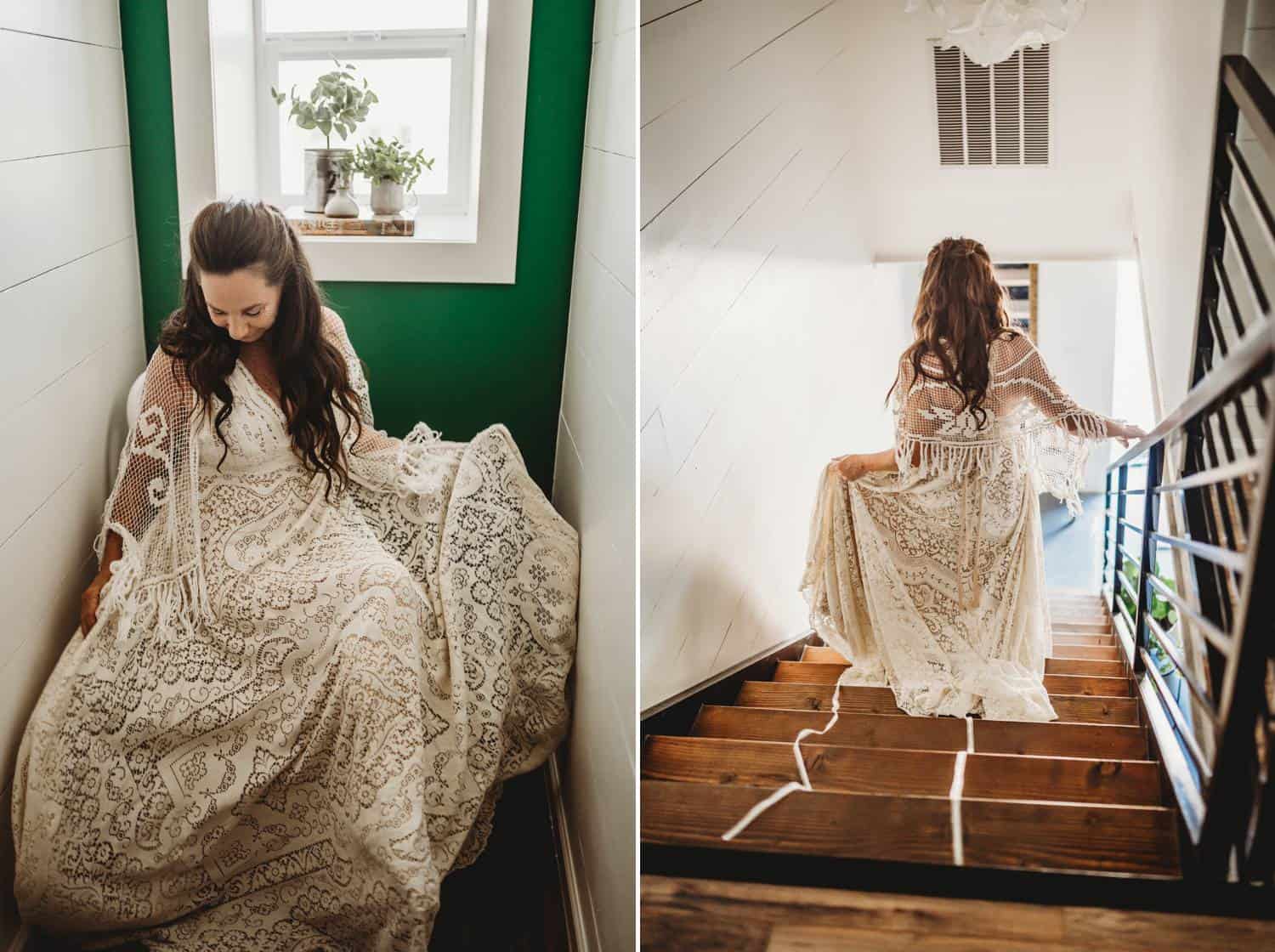 A bride twirls in her wedding dress in a brightly-lit room with a bright green wall. In another photo of the same bride, she's facing away from the camera as she walks down a wooden staircase.