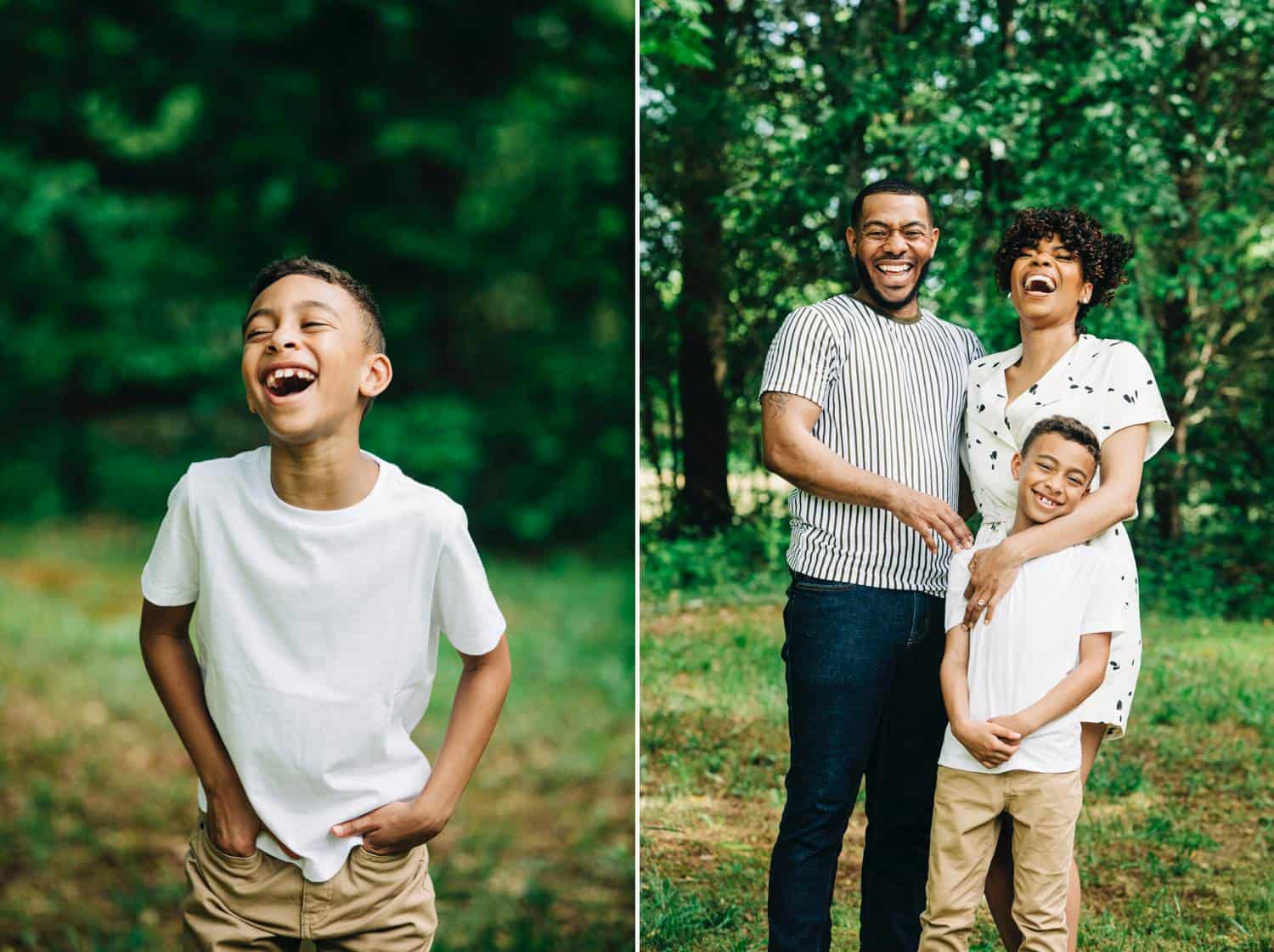 In the first of two family portraits, a little boy is wearing khakis and a white teeshirt. The forest behind him is blurry, with the focus entirely on his smiling face. In the second image, Dad, Mom, and Son all stand close together laughing for their outdoor portrait.