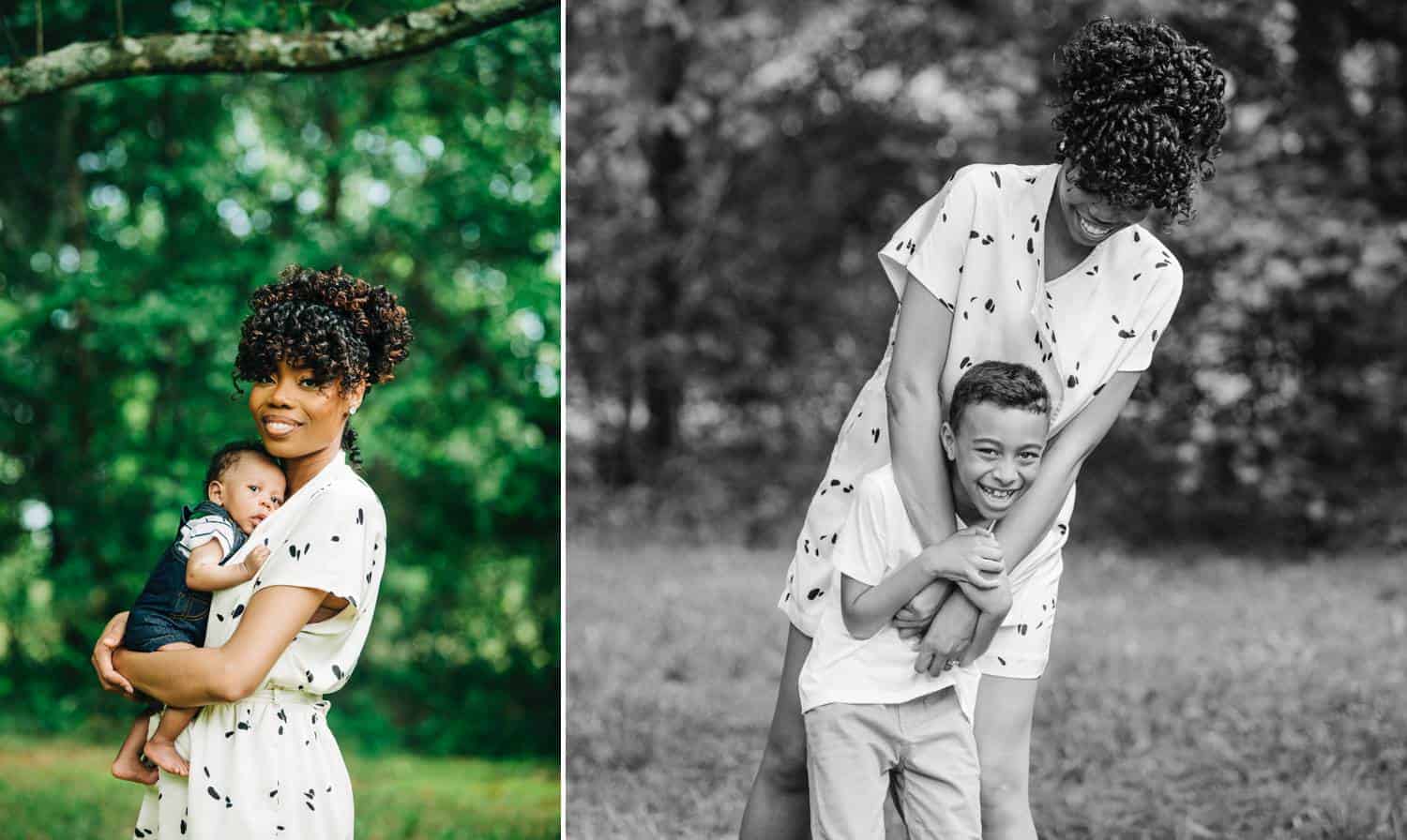 In photo one, a Black woman wearing a white romper holds her newborn baby close as they pose, smiling, for a colorful outdoor photo. In photo two, the same mother holds her older son in front of her with her arms wrapped around him as they both laugh.