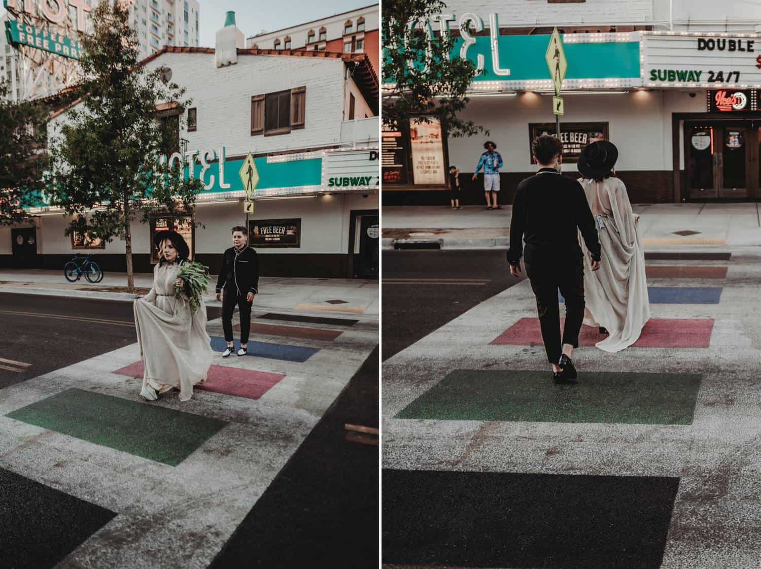 Two newlyweds walk across the street in Las Vegas using a crosswalk in this two-photo series