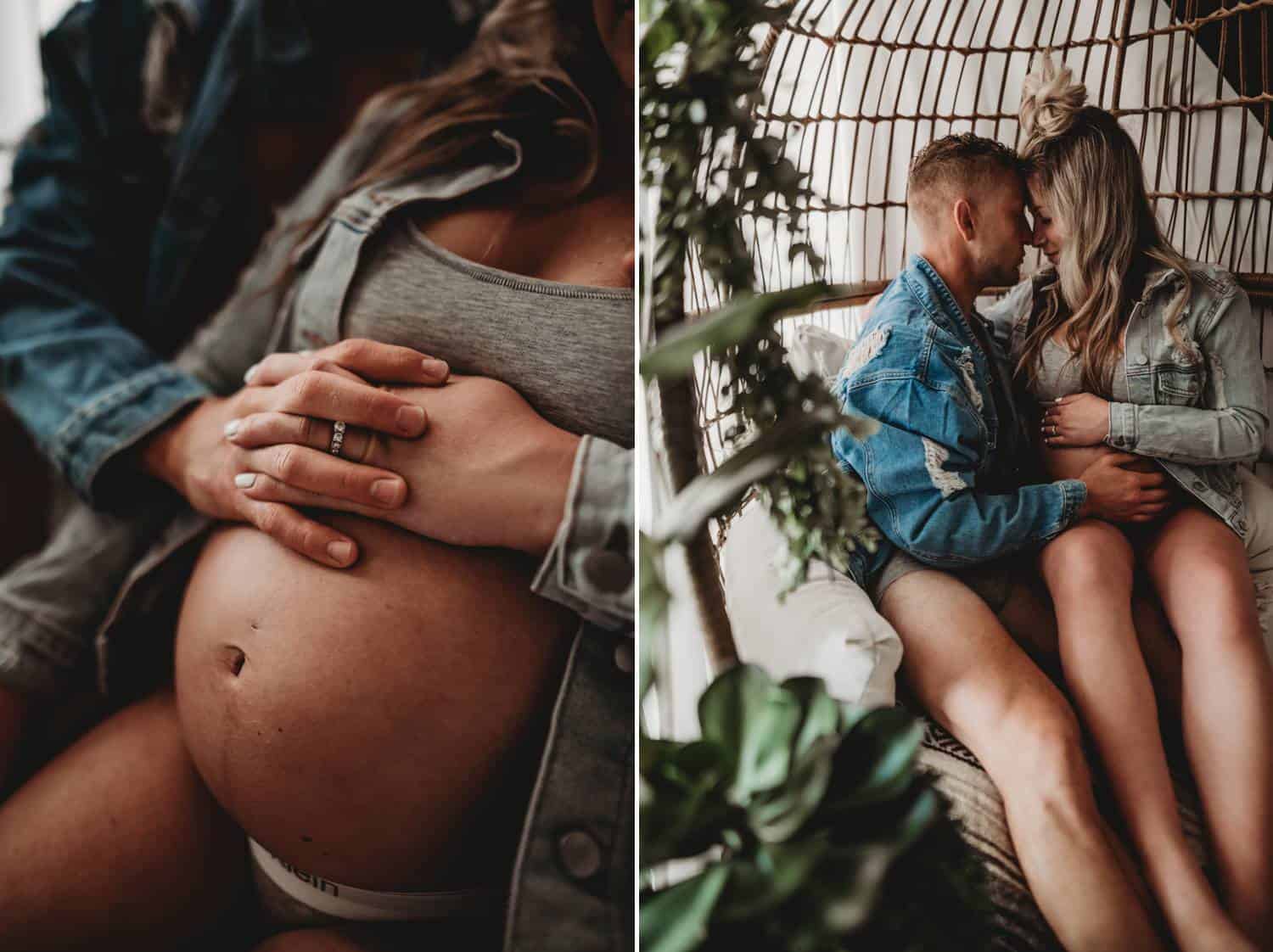 Two photos: the photo on the left is a close-up of a pregnant woman's belly. She's wearing white Calvin Klein underwear and a grey sports bra under a grey cardigan. The mother-to-be's partner holds her sitting in his lap where he rests his hand on her stomach. In the right-side photo, a wider shot of the same scene is taken, and you can see the oversize rattan chair that the couple is sitting in.