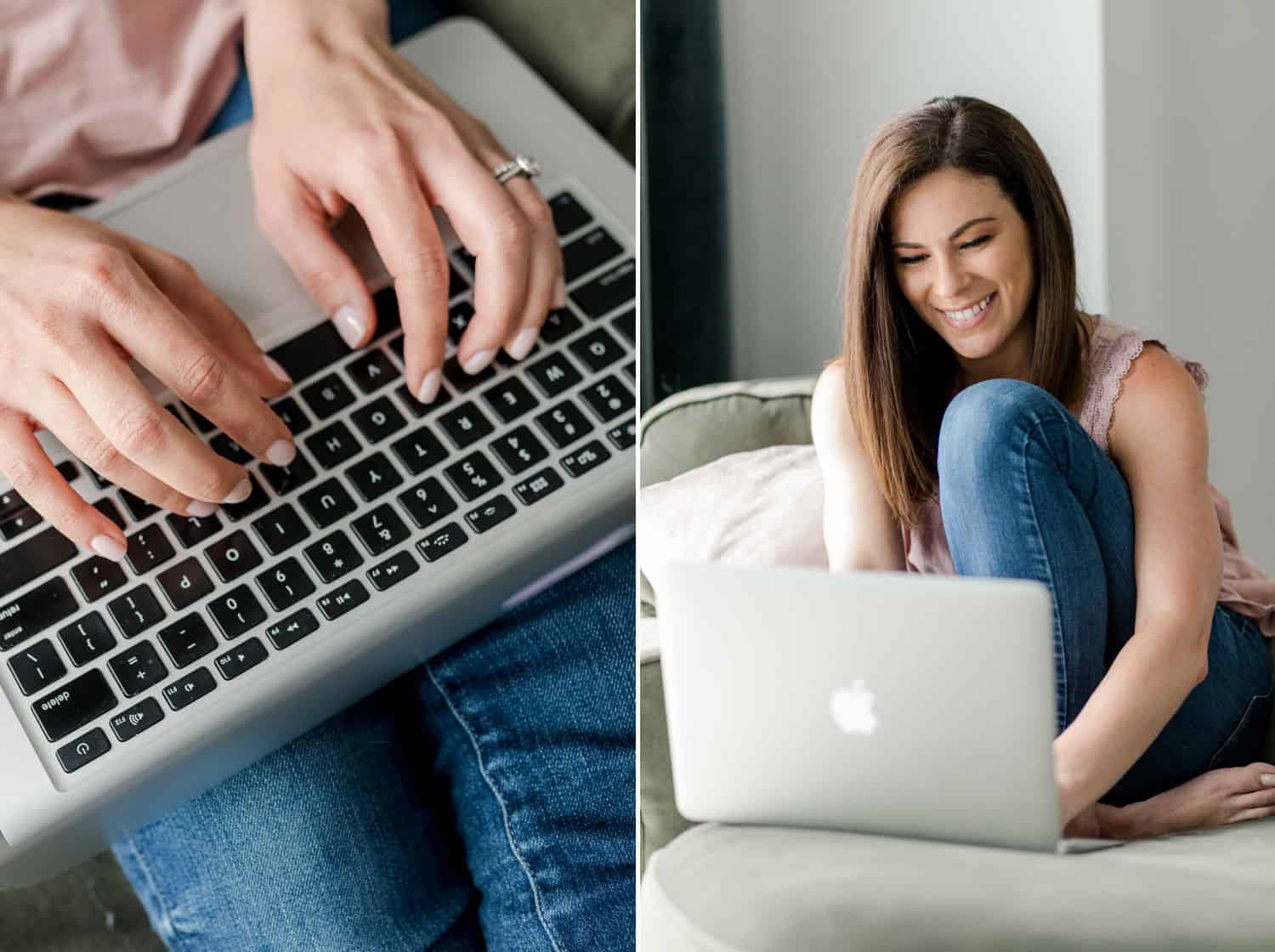 A woman works from home on her laptop