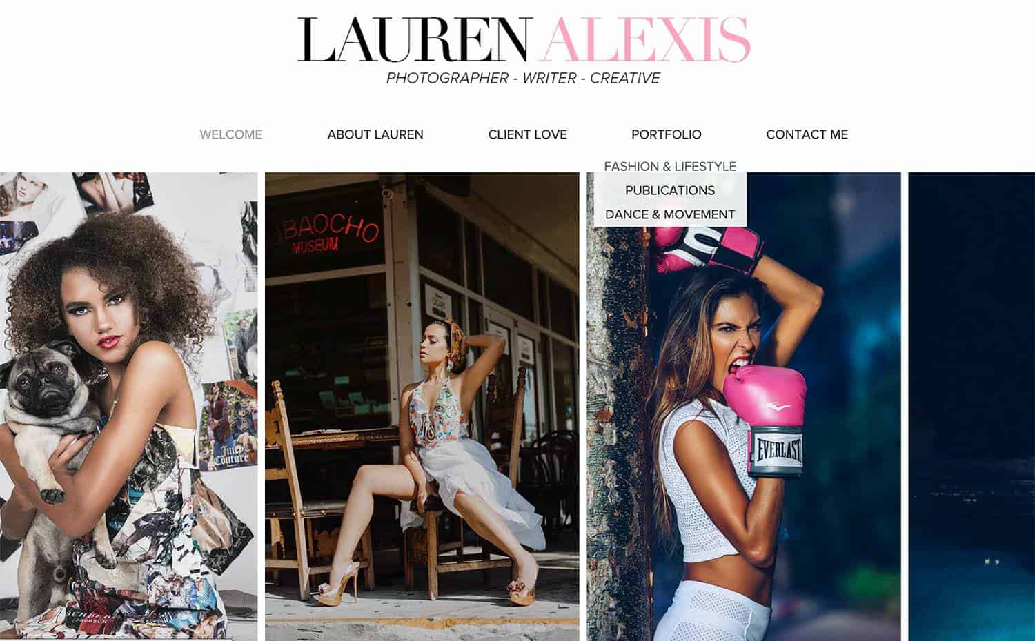 The homepage of Lauren Alexis Rodriguez's website is featured. Three fashion headshots are showcased against a white background below Lauren's logo.