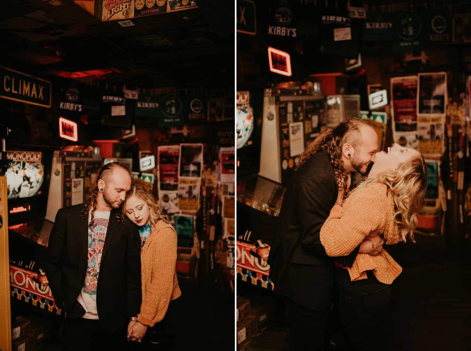 Two low light photos of a couple in a bar. Images are by Shelby Laine Photography