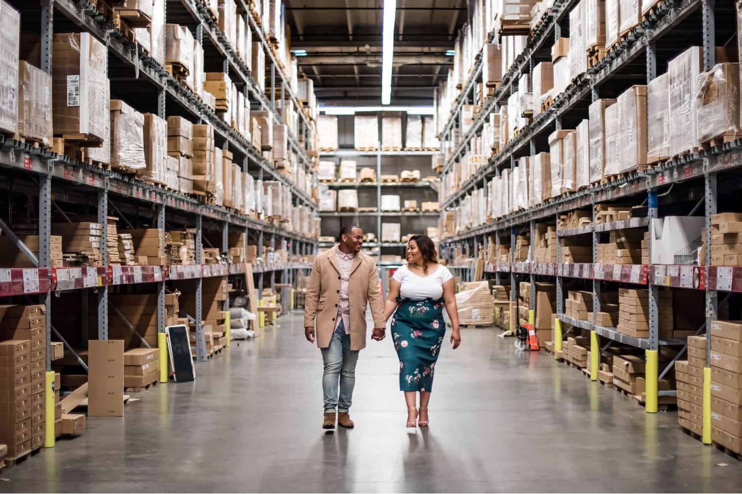 Great Engagement Sessions: Couple strolls hand-in-hand through the IKEA warehouse.