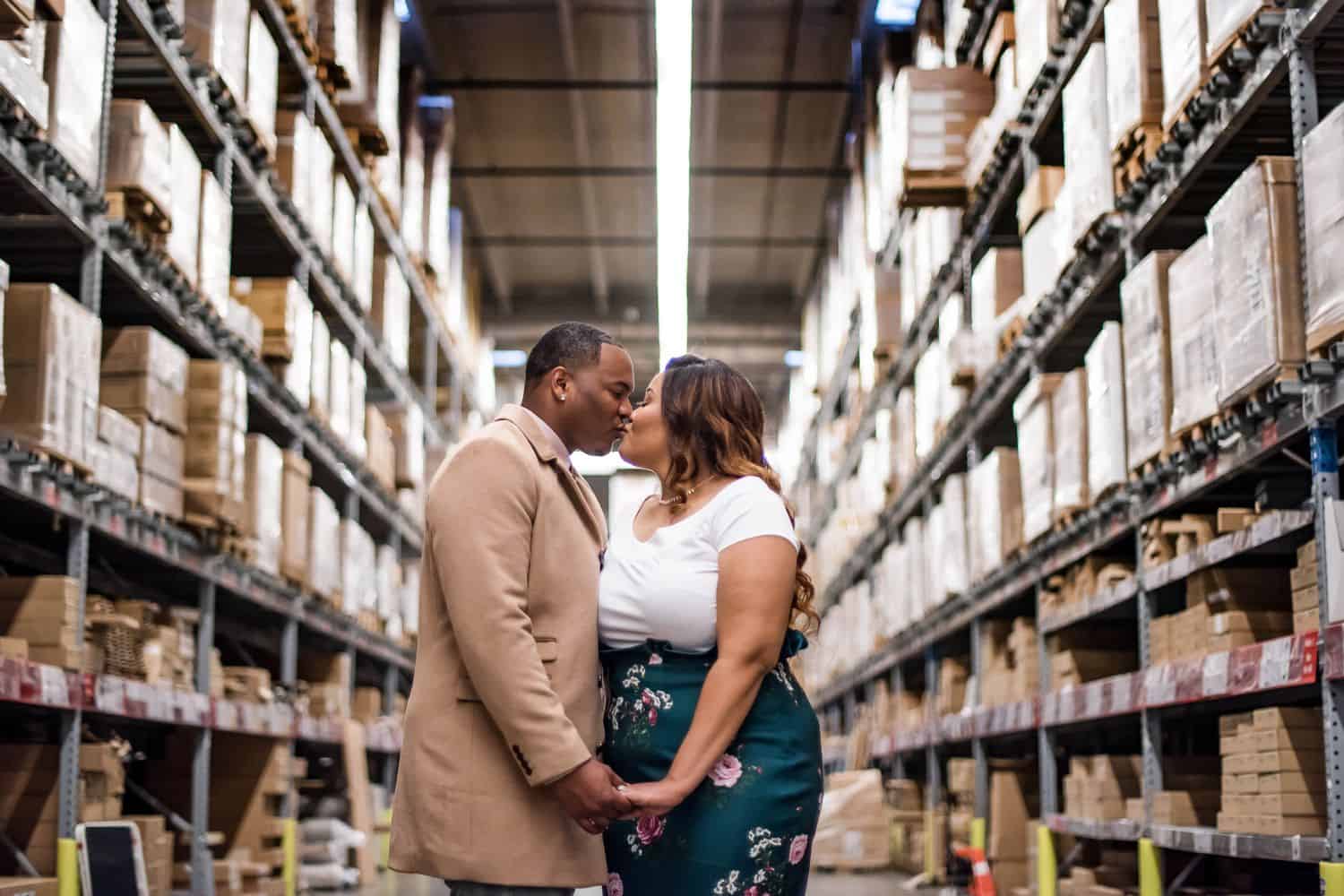 Great Engagement Images: Couple steals a kiss in the IKEA warehouse.