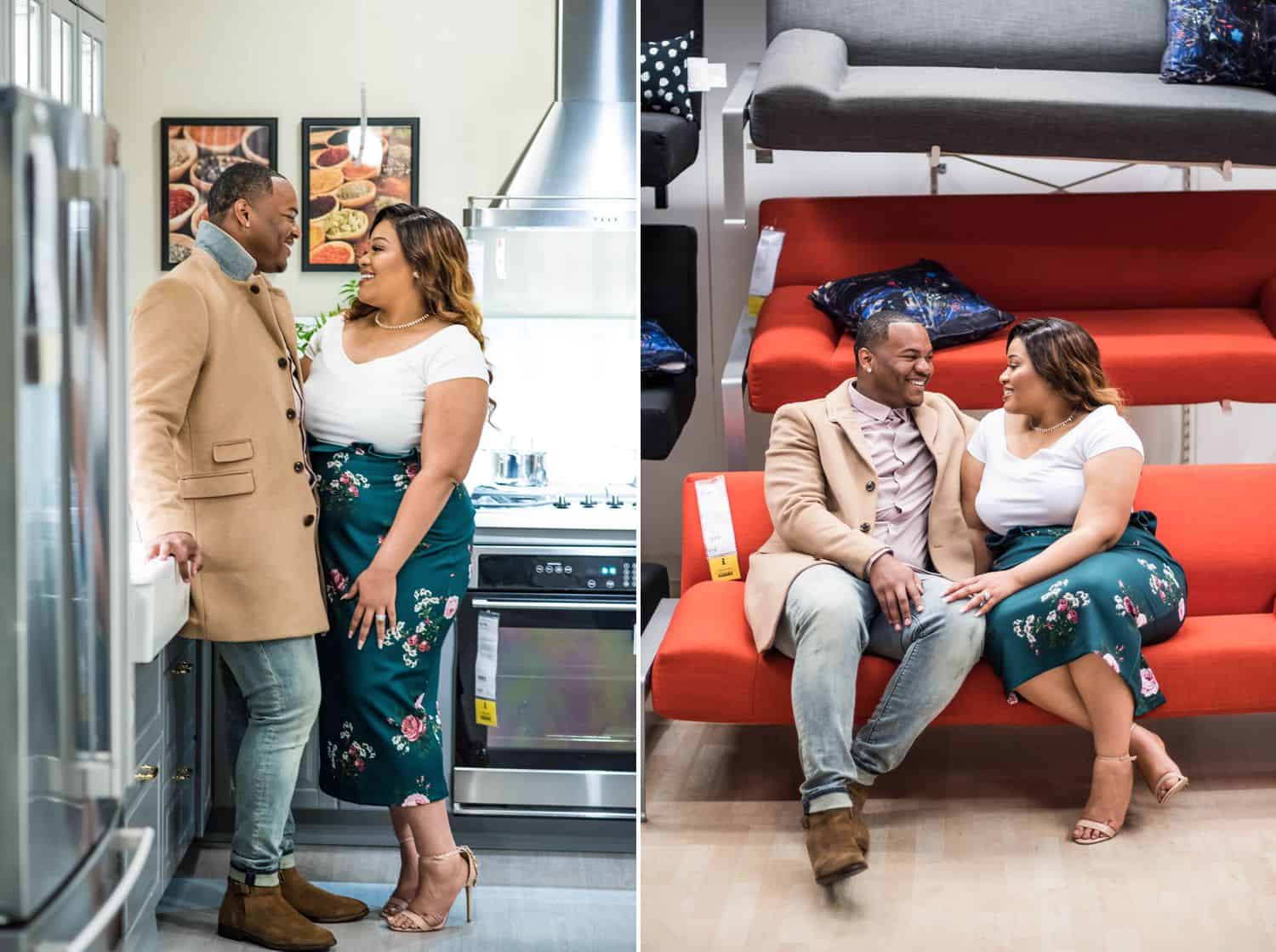 Great Engagement Sessions: Diptych of couple standing in an IKEA kitchen and snuggling on an IKEA sofa.