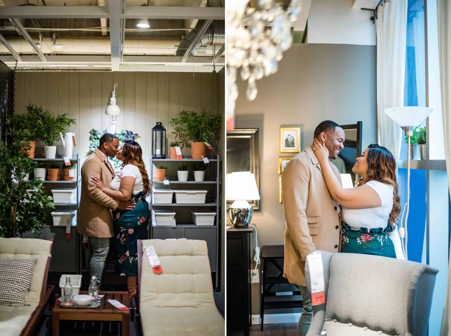 Great Engagement Photos: Diptych of couple kissing in an IKEA living room and embracing by an IKEA window.