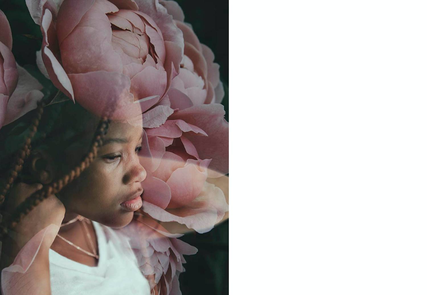 Photo: J'aime Davis's double exposure of a young Black girl with braids overlaid by a close-up photograph of a blooming pink rose