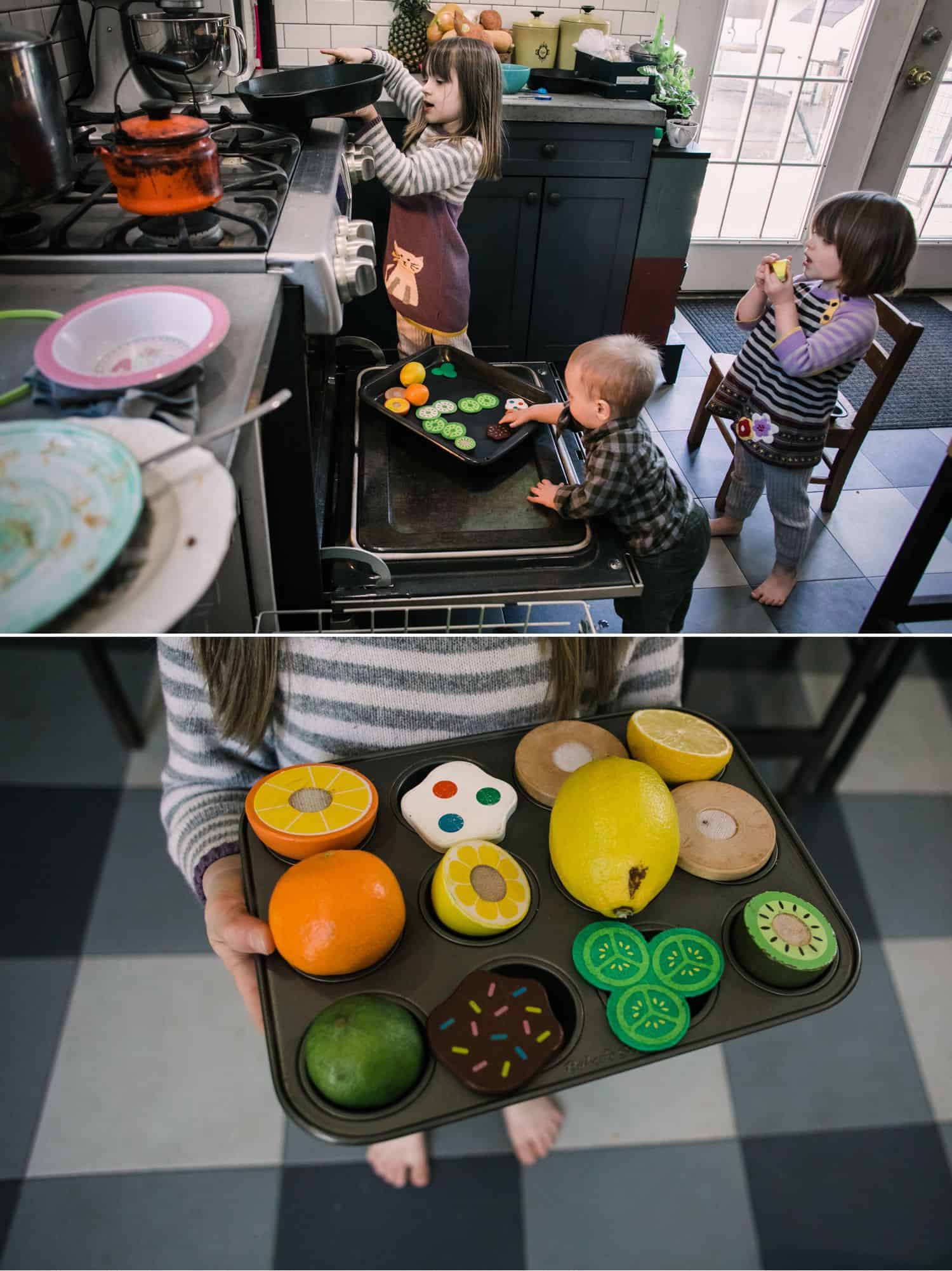 Fearless Family Photos All Have These 4 Ingredients: Lifestyle Photography - Three Sisters Prepare A Pretend Meal