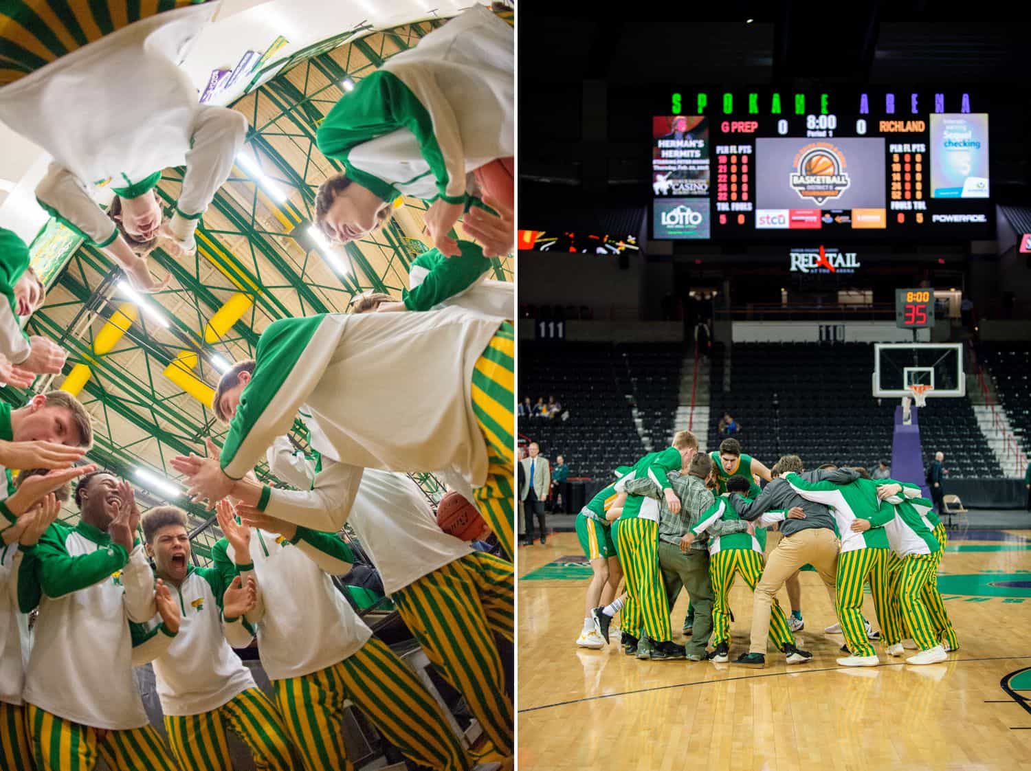 Two different angles of a boys high school basketball team in a huddle on the court