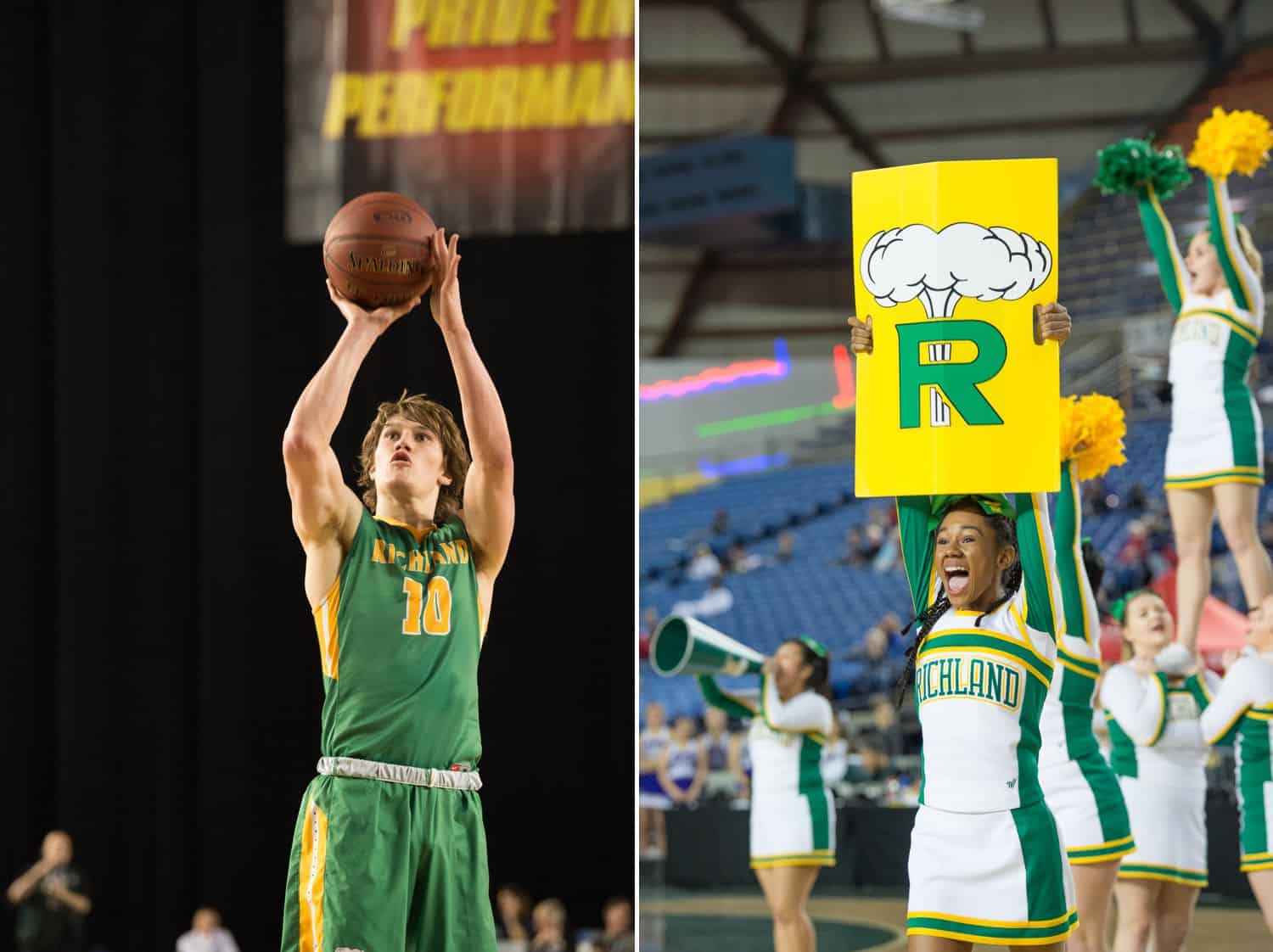 A high school athlete shoots a basketball toward the backet. A cheerleader holds up a sign and yells for victory