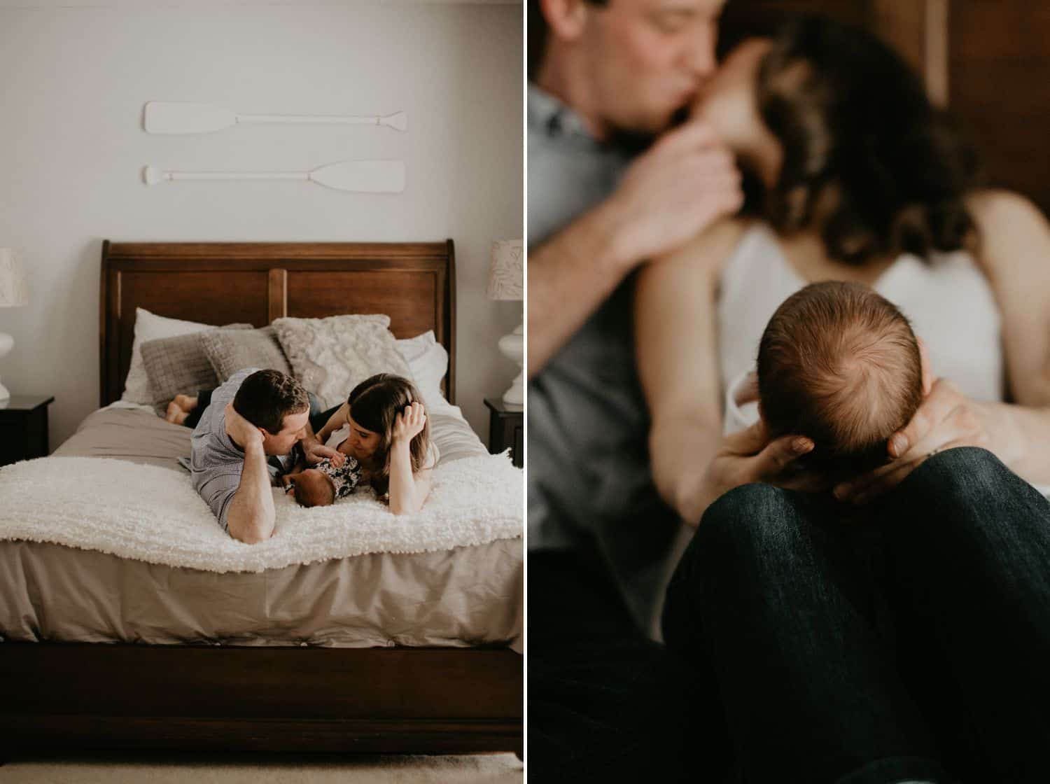 Lifestyle Newborn Photos: Left / Two parents lie on their bed, heads toward the footboard, as their baby sleeps between them. Right / A man and woman kiss lightly in the background as their newborn baby rests on the woman's knees. Only the baby's tiny head is in focus.